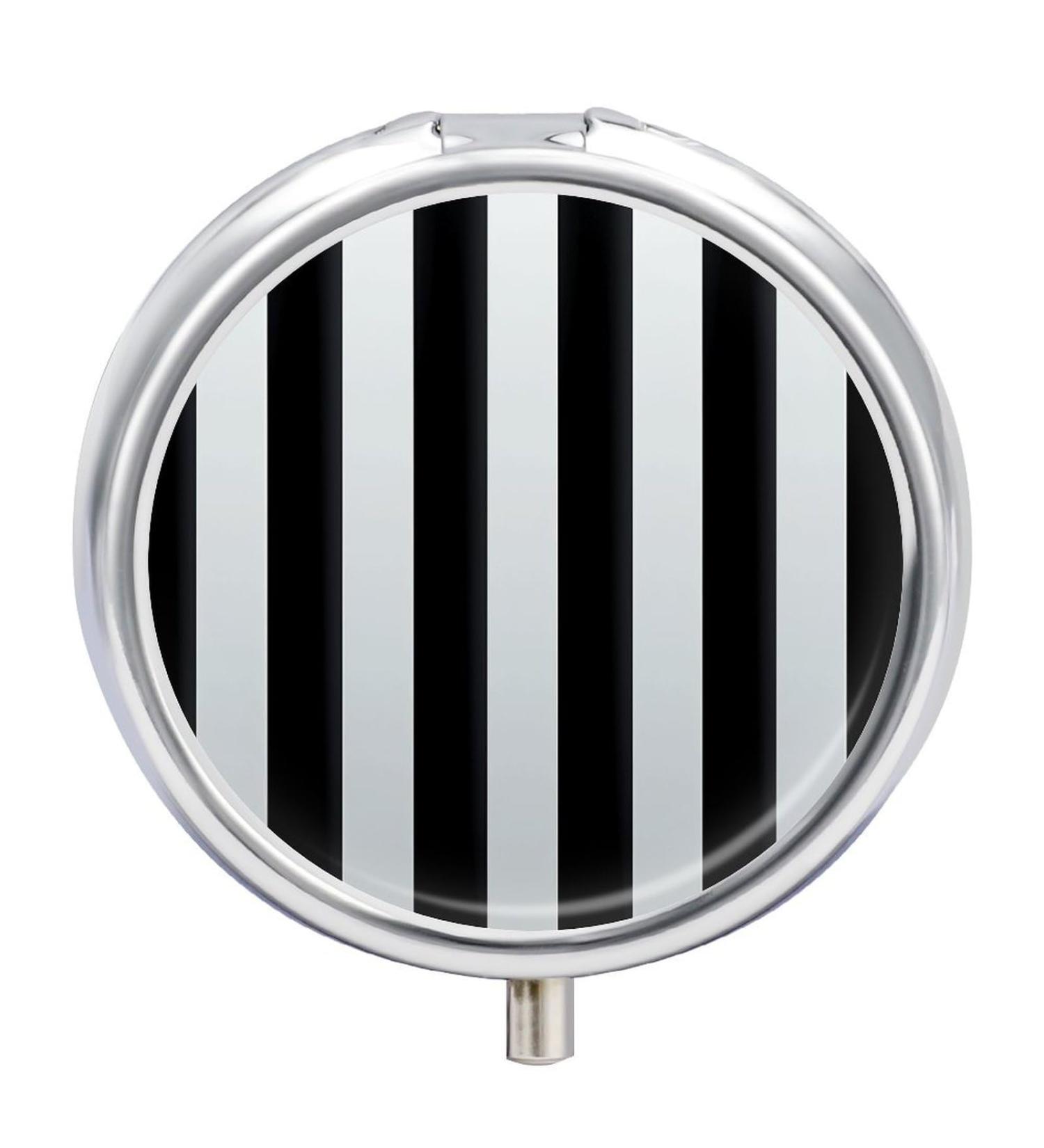 Round Black and White Stripes 3 Compartment Pill Box | Portable Metal Pill Organizer & Decorative Medicine Case - Buy Online on GoSupps.com