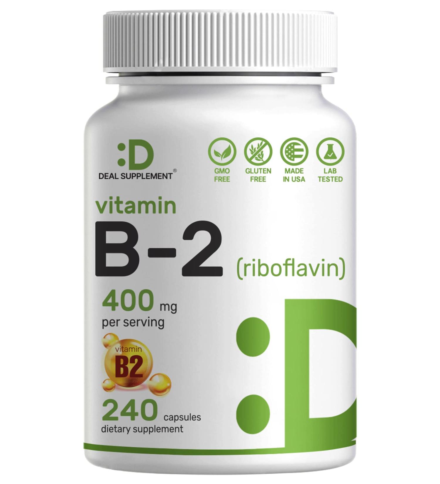 Deal Supplement Vitamin B2 Riboflavin 400mg 240 Capsules - Promotes Healthy Cells & Energy - Non-GMO & Third Party Tested - Buy Online on GoSupps.com