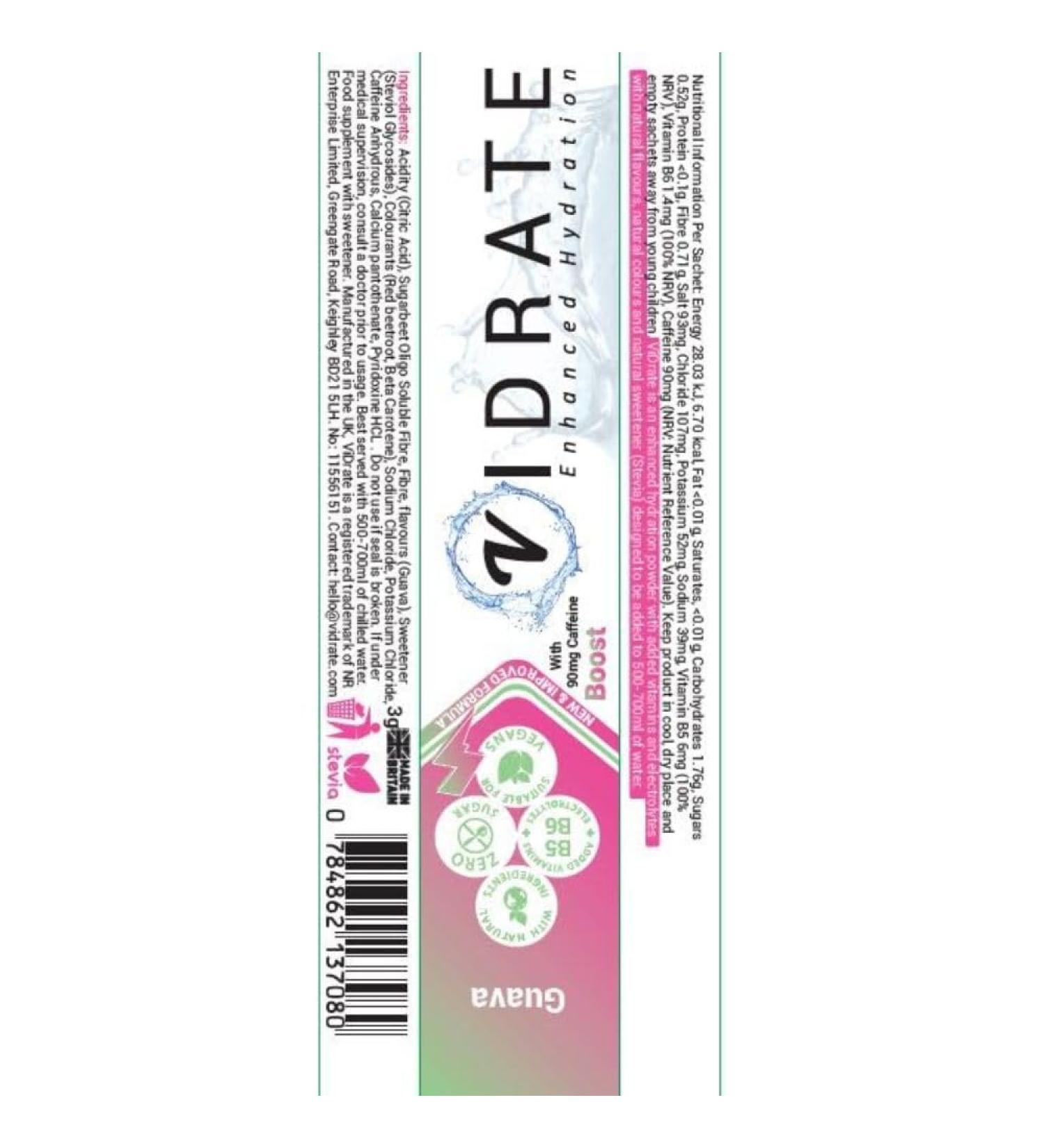 ViDrate Boost - Guava Flavour Sugar Free Electrolyte Powder - Vegan Friendly Caffeine Hydration Sachets (20 x 3g Sachets) - Buy Online on GoSupps.com