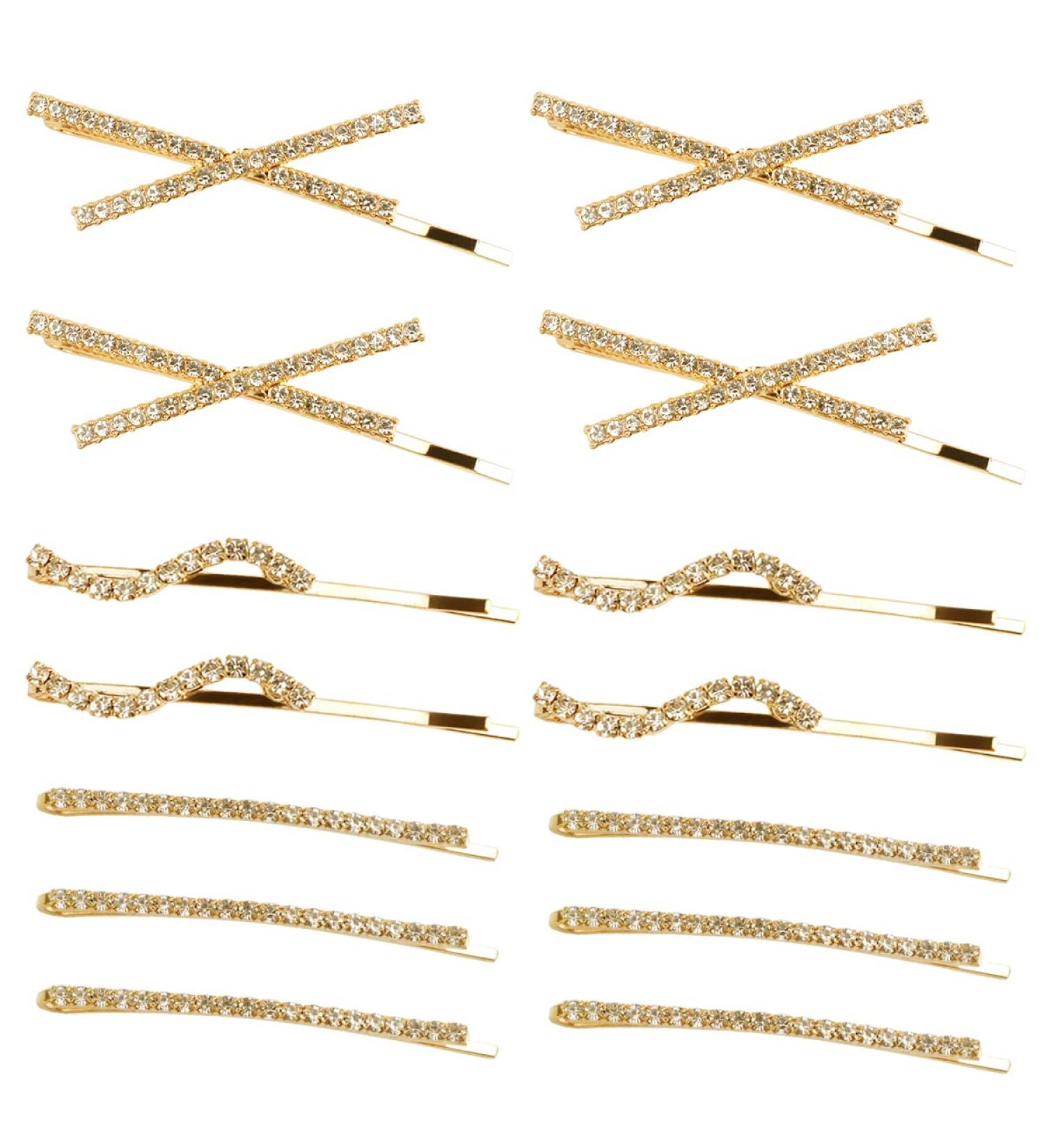 16 Piece Rhinestone Bobby Pins - Fancy Metal Hair Clips for Women & Girls - Crystal Shiny Barrettes - I S X Shaped Diamond Hair Accessories - Gold - Perfect for Wedding, Prom & Parties - Buy Online on GoSupps.com