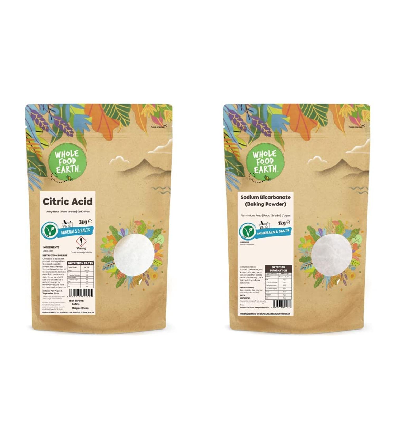 Wholefood Earth - Citric Acid 3kg - Anhydrous - Food Grade & Sodium Bicarbonate Baking Soda 2 kg - Buy Online on GoSupps.com