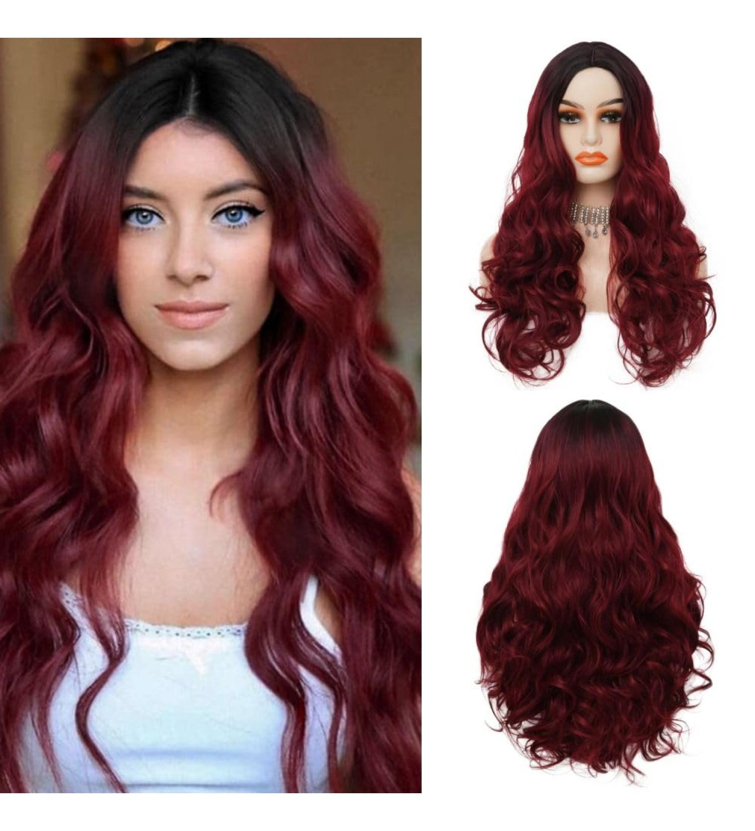 Red Long Wavy Wigs for Women | Synthetic Ombre Black to Red Curly Hair Wig for Halloween Cosplay - Buy Online on GoSupps.com