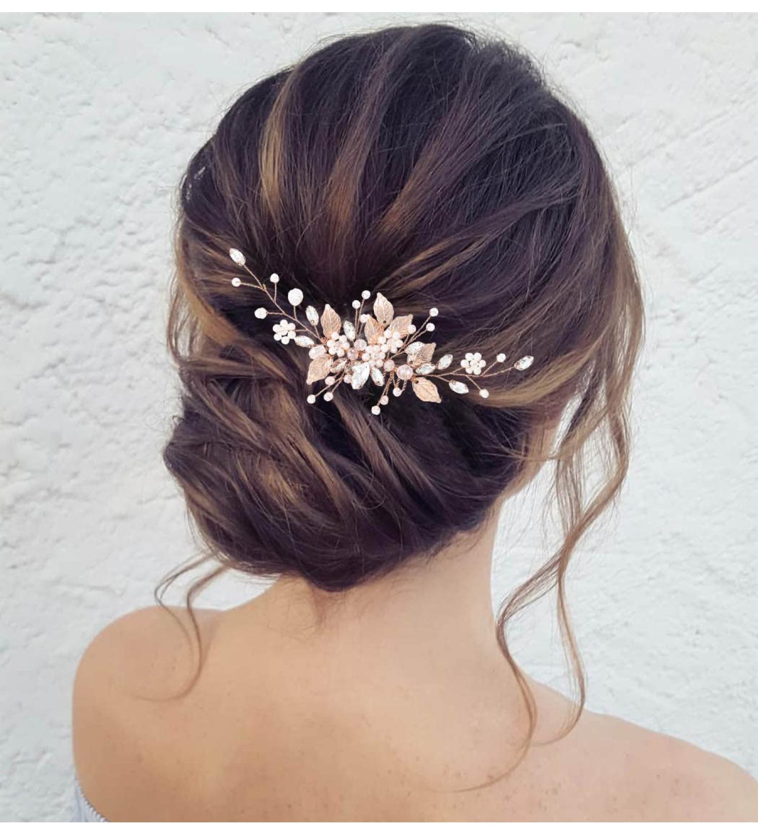 Zoestar Bridal Wedding Hair Combs - Rose Gold Flower Pearl Headpiece & Crystal Leaf Hair Accessories for Brides & Girls - Buy Online on GoSupps.com