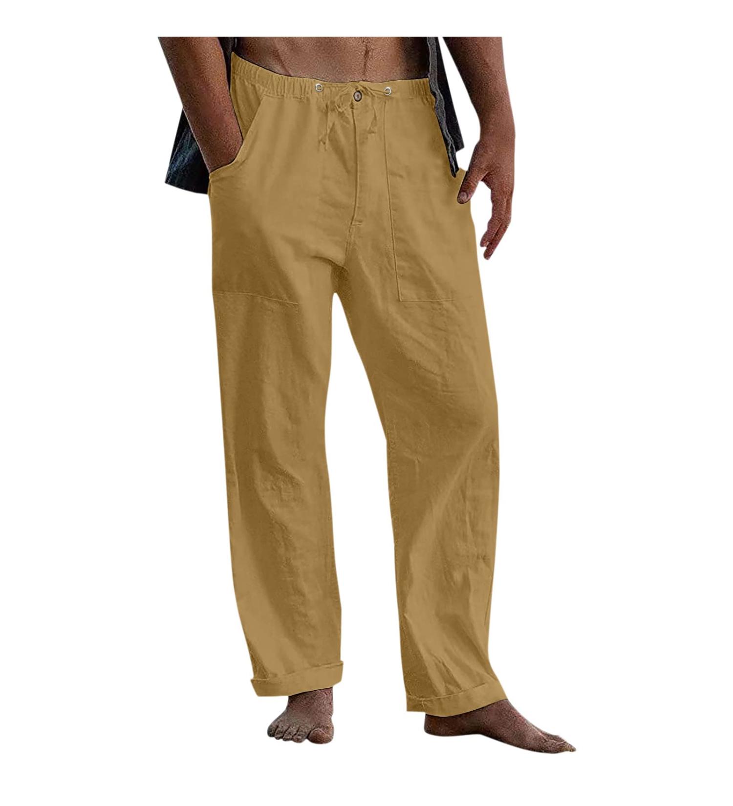 Mens Drawstring Linen Chino Pants - Solid Gold, Full Length - Buy Online on GoSupps.com