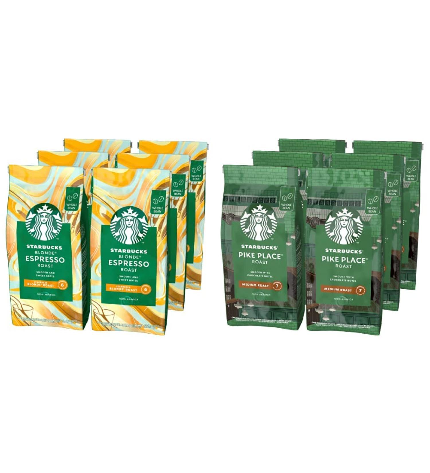 STARBUCKS Blonde Espresso Roast Blonde Roast Whole Bean Coffee 200g (Pack of 6) & Pike Place Roast Medium Roast Whole Bean Coffee 200g (Pack of 6) - Buy Online on GoSupps.com