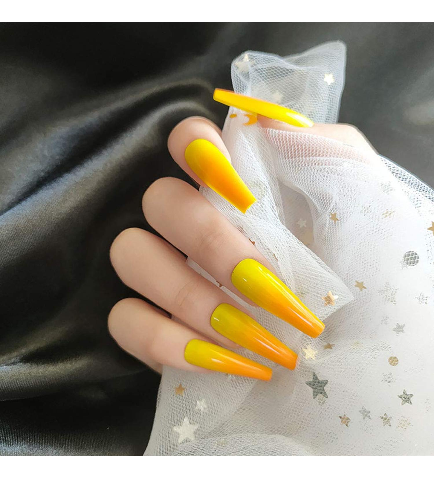 Sethexy Shiny Long Ballerina False Nails | Colorful Press-On Nail Tips - 24 Acrylic Nail Designs for Women & Girls (Orange Yellow) - Buy Online on GoSupps.com