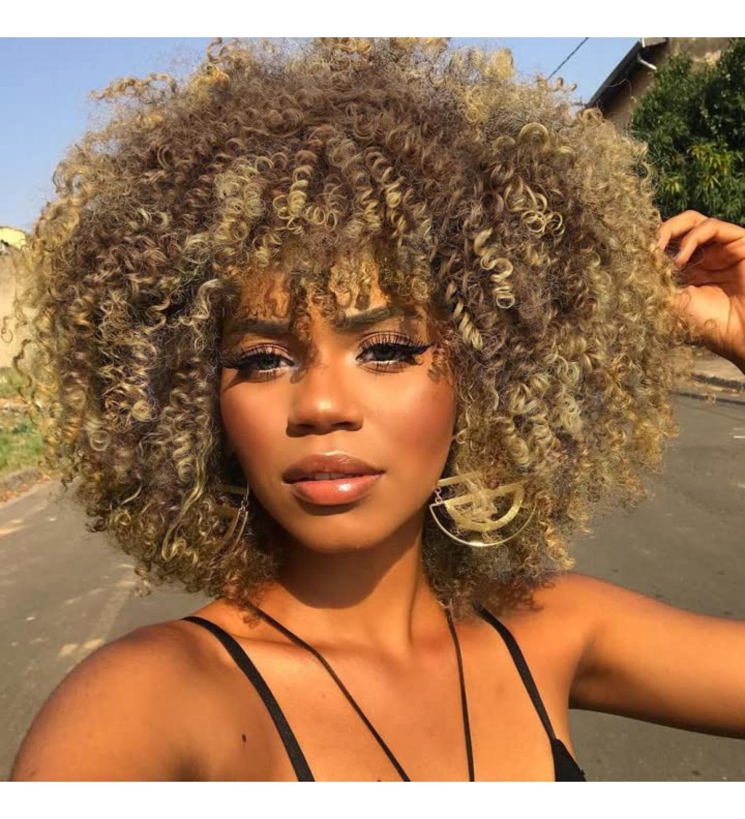 Nnzes Afro Short Curly Wig - Brown to Blonde Kinky Curly Fluffy Wig for Black Women 12inch - Synthetic Hair Full Wigs for Daily Wear - Buy Online on GoSupps.com