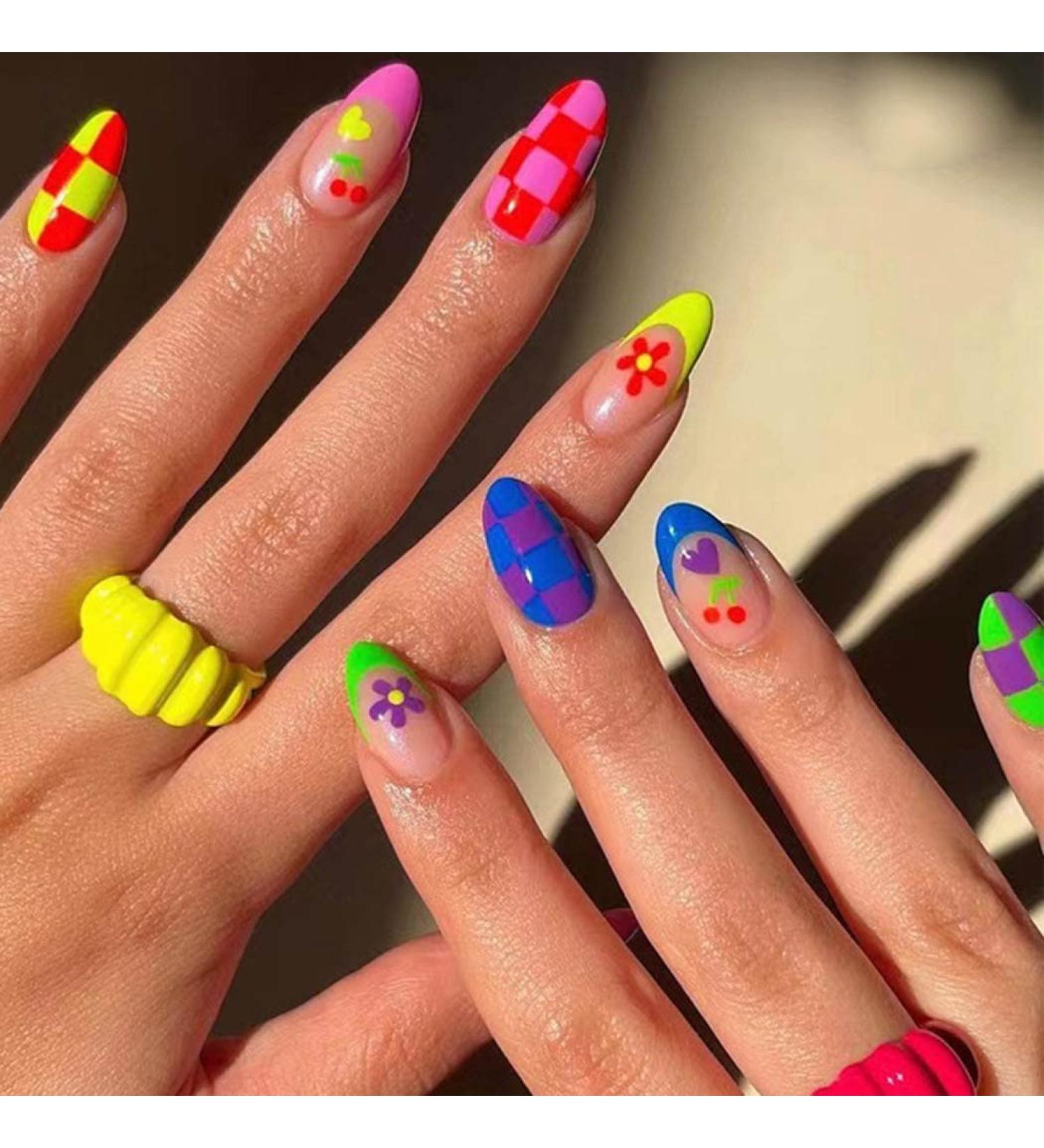 Medium Almond French Tip Uranian Press on Nails - Red Blue False Nails with Cute Lattice Flower Designs - 24pcs Full Cover Glue On Nails (Style J) - Buy Online on GoSupps.com