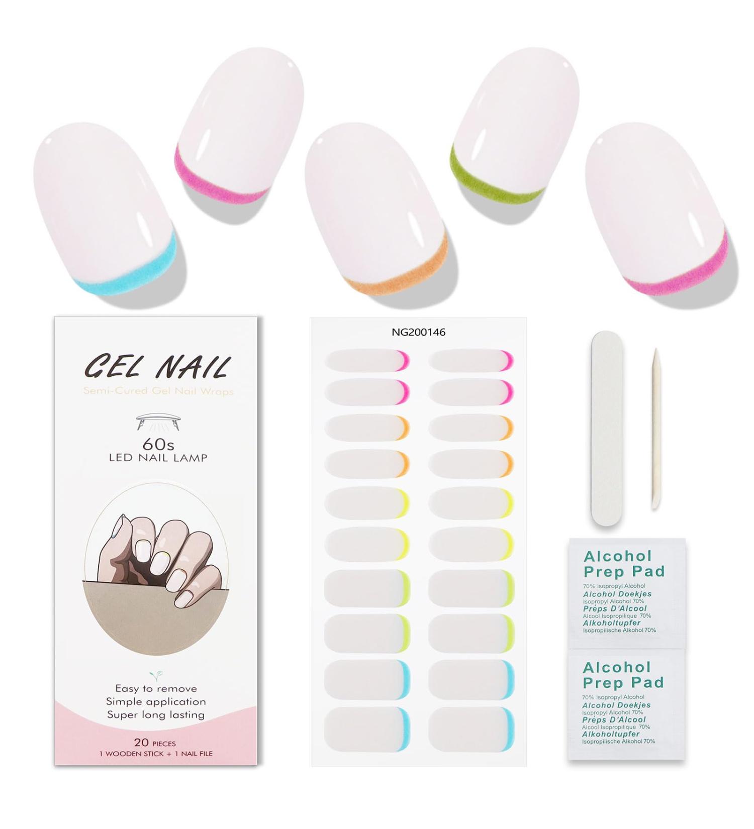 JMEOWIO Semi Cured Gel Nail Strips Colorful French Tip Gel Nail Stickers Nail Supplies Nail Art Design Decoration Accessories - Buy Online on GoSupps.com