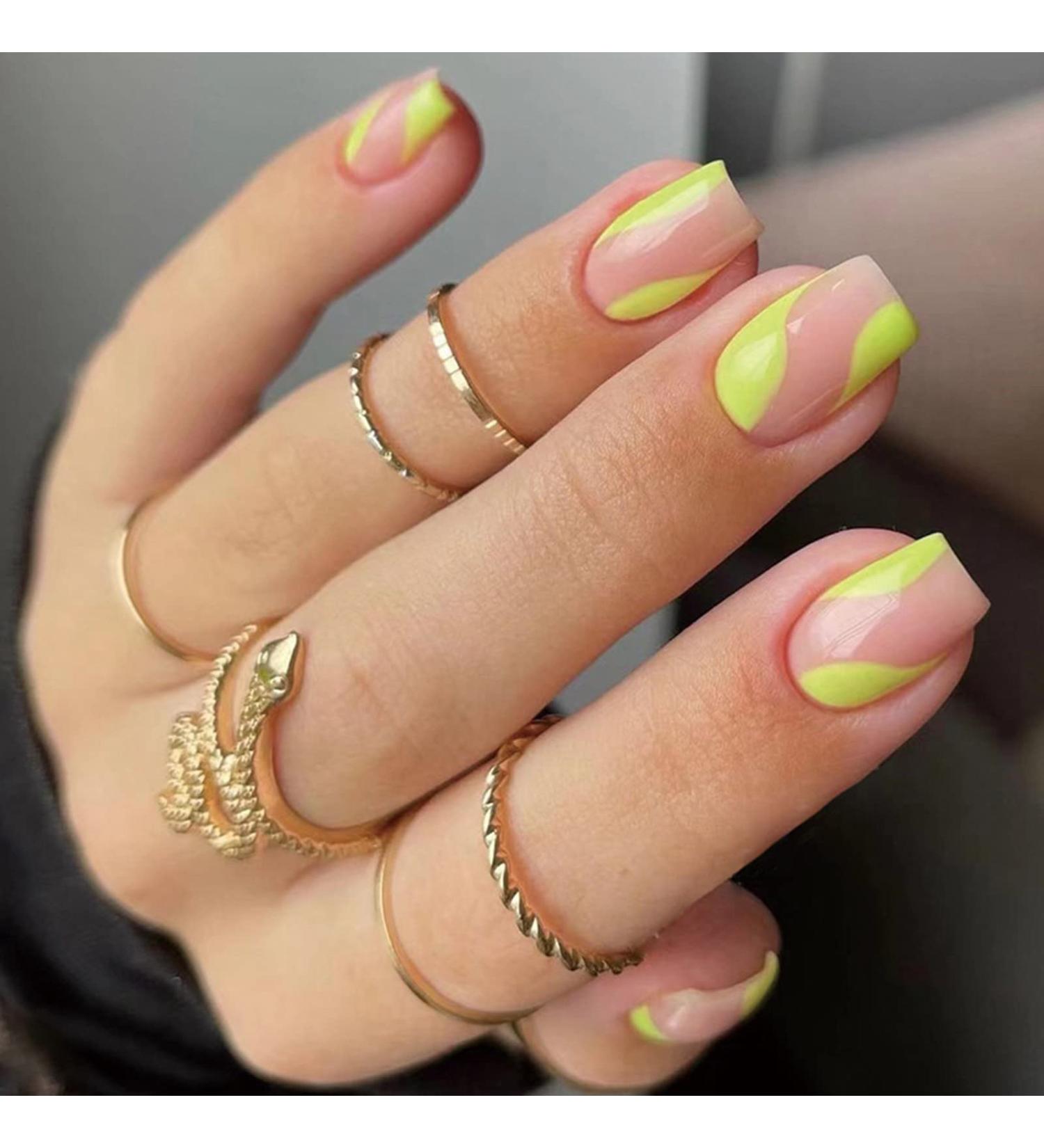 Buy Justotry 24 Pieces Lemon French Press On Nails - Short Square Wavy Acrylic Swirl Fake Nails for Women - Easy Stick On Artificial Fingernails - Buy Online on GoSupps.com