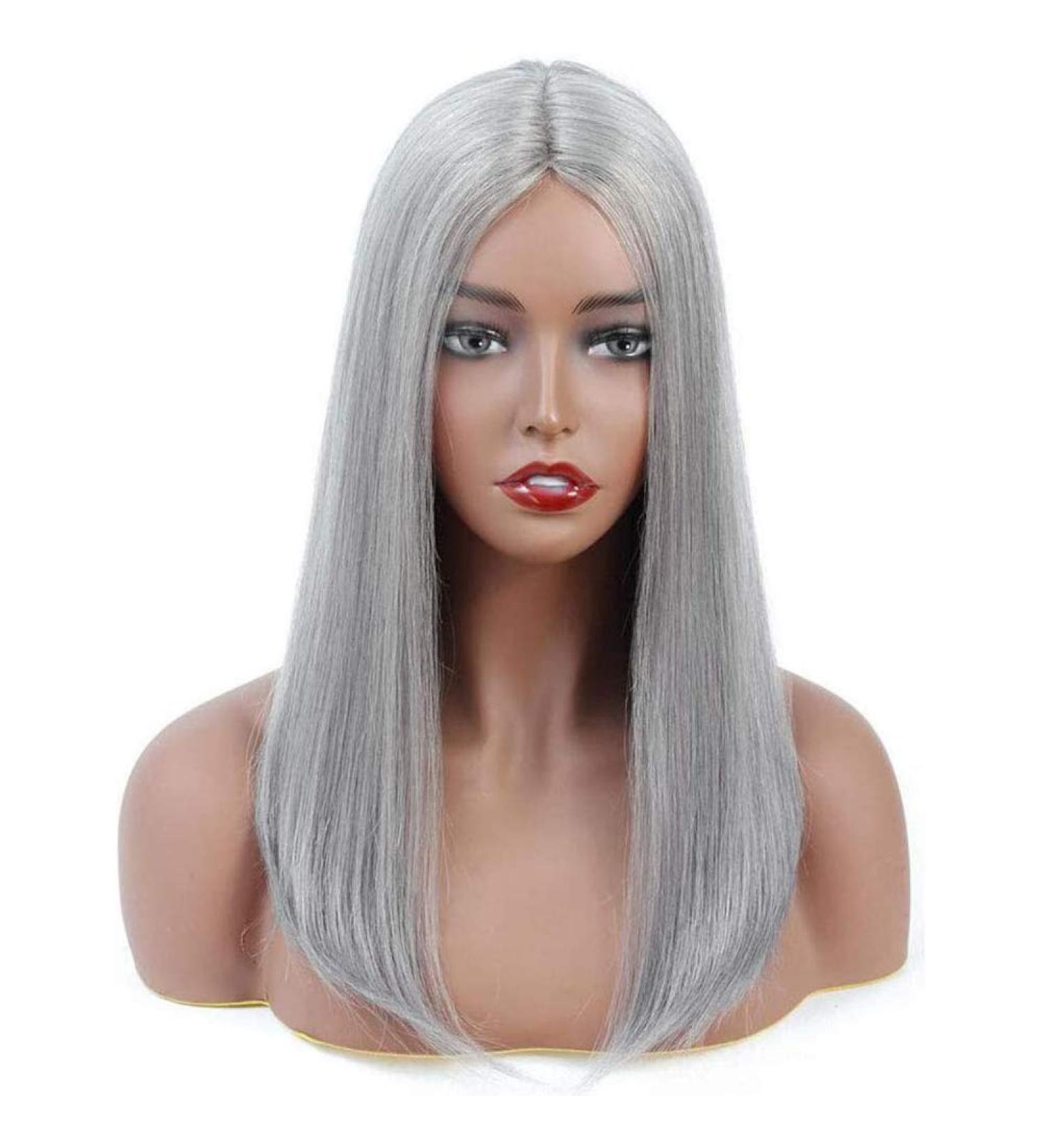Real Hair Lace Front Wig - 18 Gray Heat-Resistant Synthetic Wig for Women | 150% Density Medium Length Long Smooth Hair - Buy Online on GoSupps.com