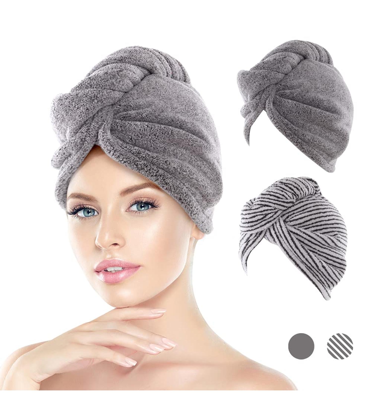 JEFFSUN Microfiber Hair Towel Wrap 2 Pack - Super Absorbent Hair Turban for Women & Girls - Quick Dry for Curly, Long, Thick, Frizzy Hair - Grey & Stripes - Buy Online on GoSupps.com