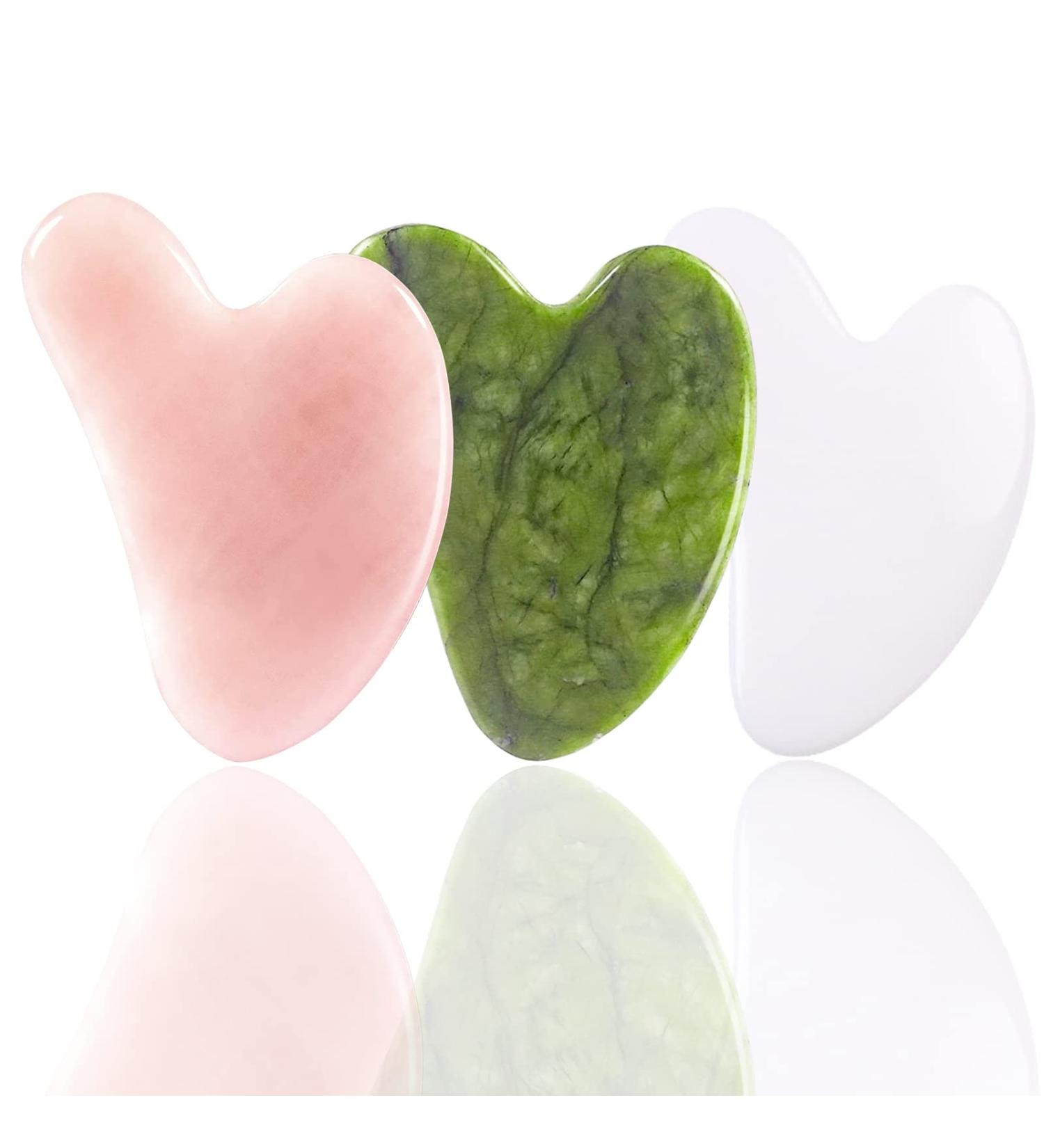 Gua Sha Heart Shape Set - 3 Pieces: Jade Rose Quartz & White Jade Face Massage Tools for Spa & Body Care - Buy Online on GoSupps.com