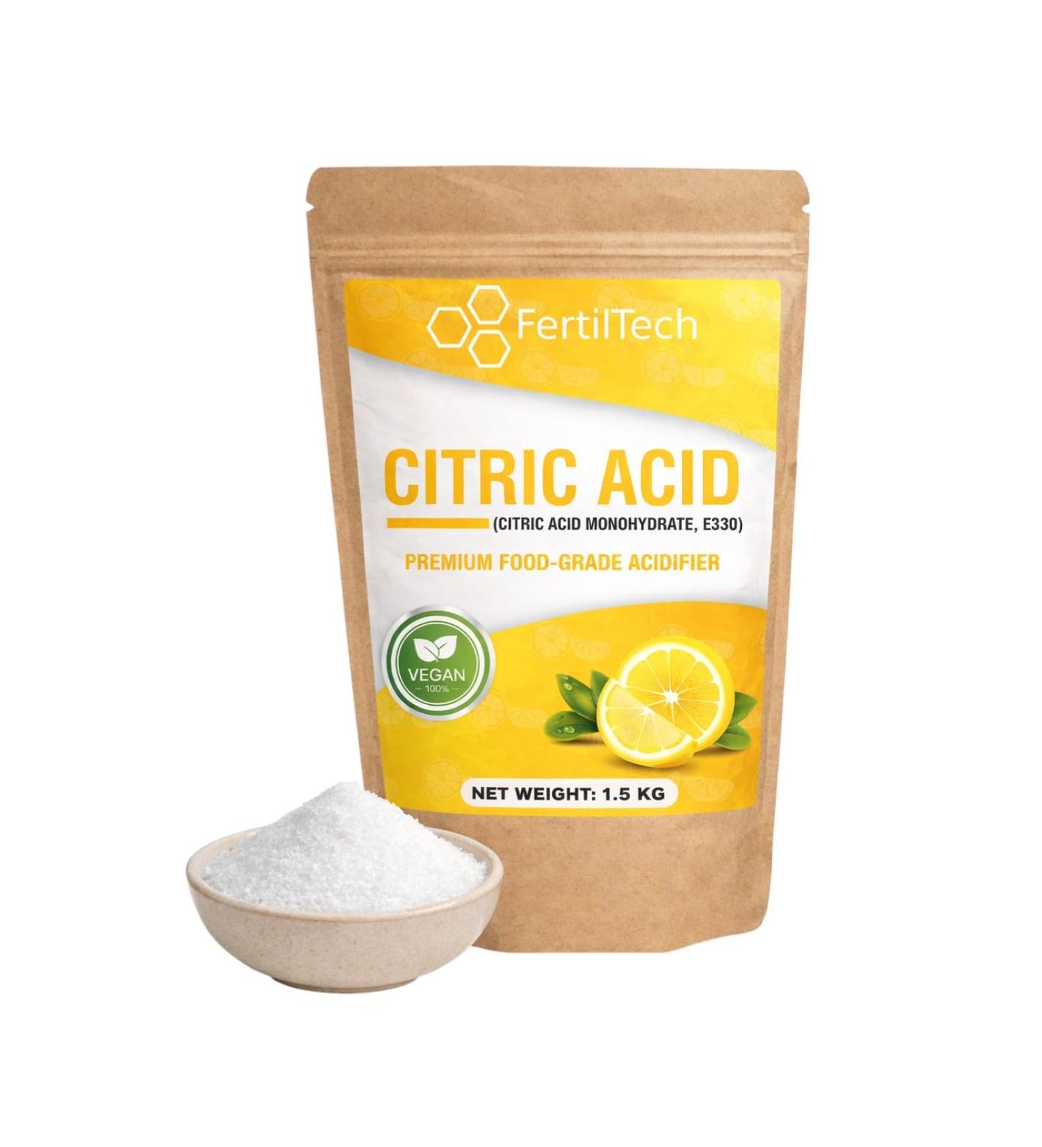 FertilTech Acide Citrique Monohydrat 1.5 kg E330 Qualit Alimentaire 100% Pur Pour Usages Alimentaires Cuisine et P tisserie Convient Aussi au Nettoyage Naturel Vegan - Buy Online on GoSupps.com