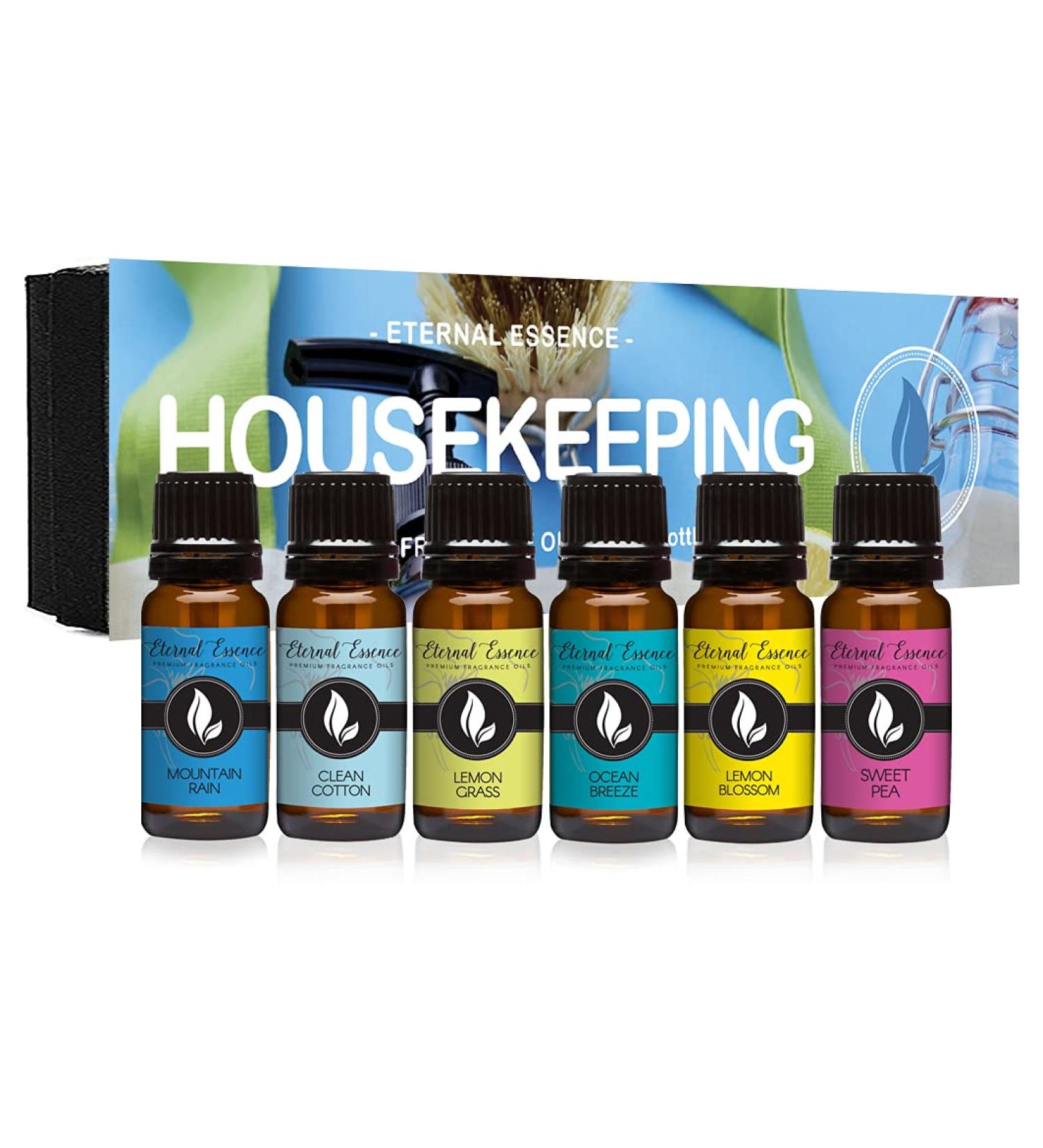 Housekeeping - Gift Set of 6 Premium Fragrance Oils - Clean Cotton, Lemon Blossom, Lemon Grass, Sweet Pea, Ocean Breeze and Mountain Rain - 10ML