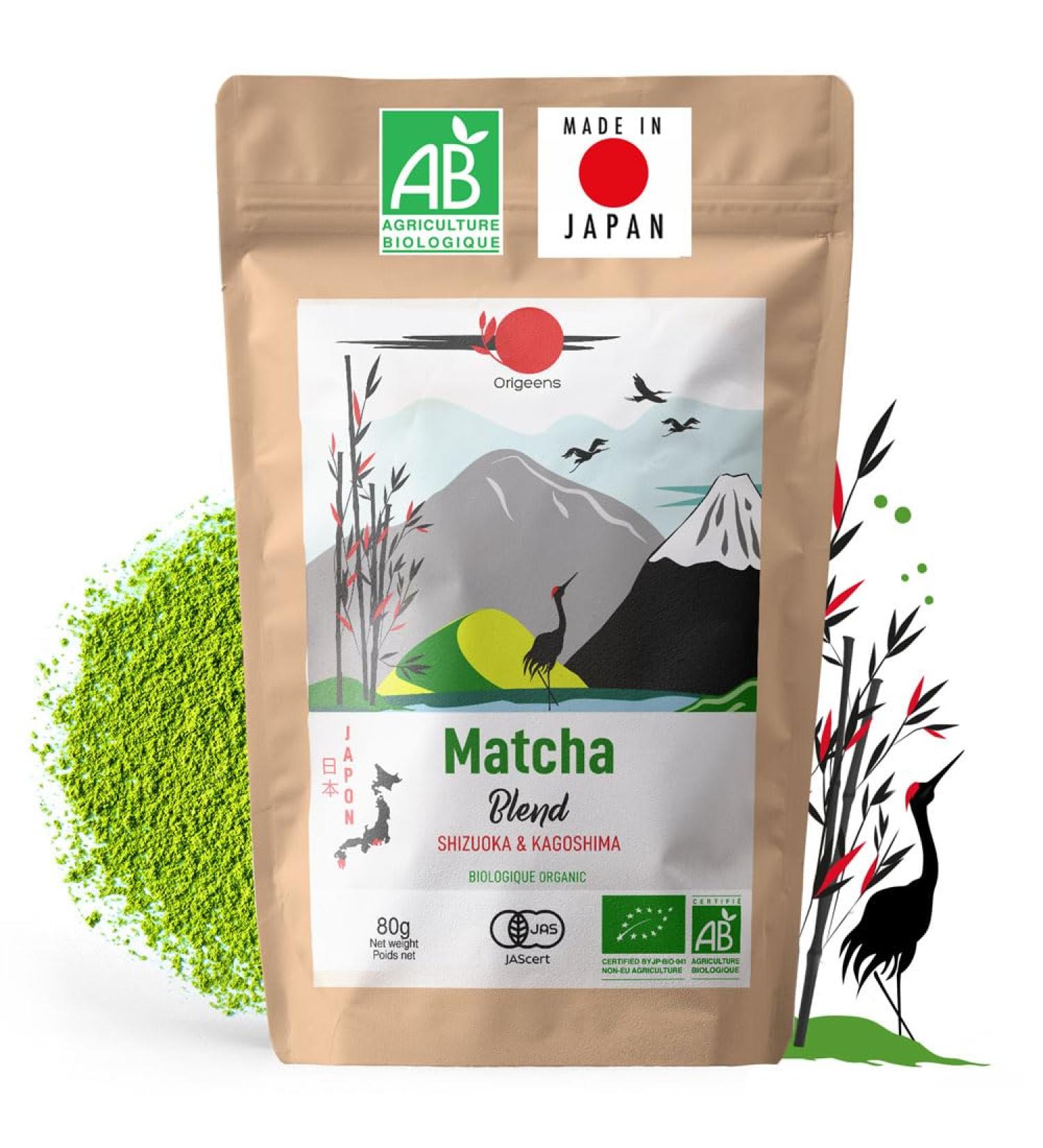 ORIGEENS Organic Japanese Matcha Tea - Blend from Shizuoka and Kagoshima - Organic Matcha Green Tea Powder - Matcha Powder 80g Bag - Buy Online on GoSupps.com