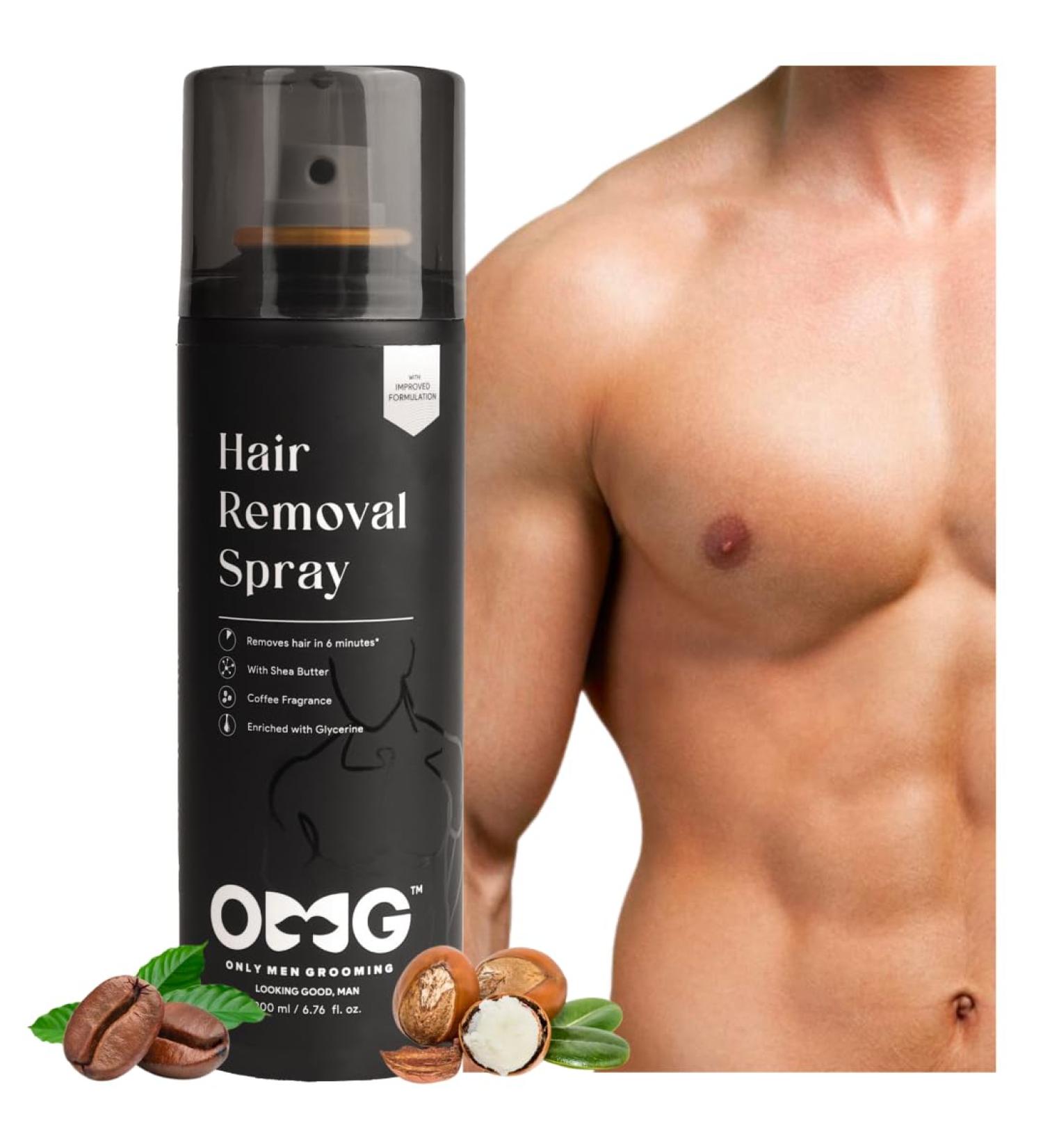 OMG Hair Removal Spray for Men | Pain-Free Body Hair Removal for Chest Back Hands Legs | Coffee Fragrance & Shea Butter | Fast-Acting in 10 Minutes | 200ml - Buy Online on GoSupps.com