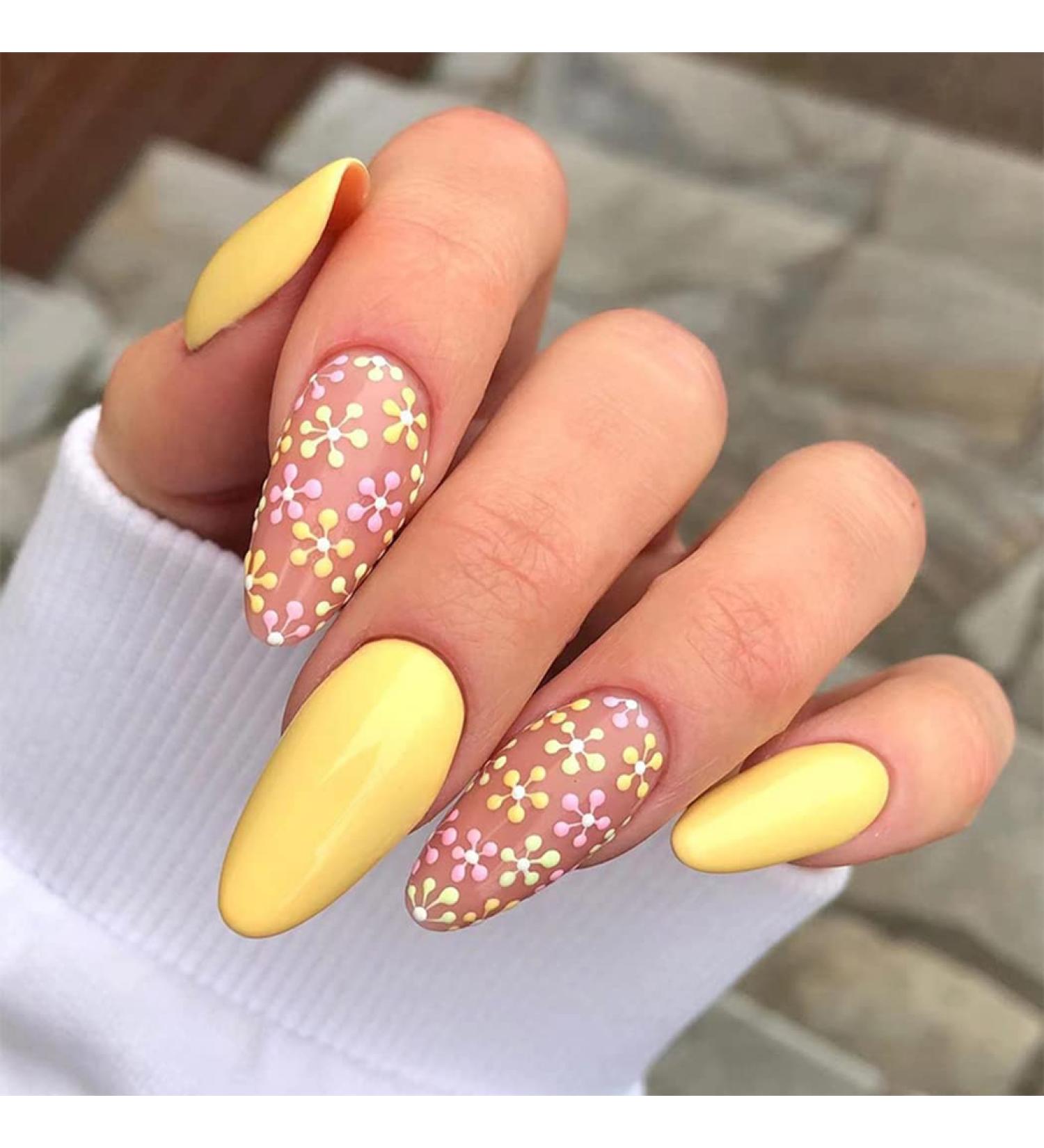 Sethexy Short Almond False Nails - Yellow Flower Press On Nail Set | 24 Shiny Acrylic Nails for Women & Girls - Buy Online on GoSupps.com