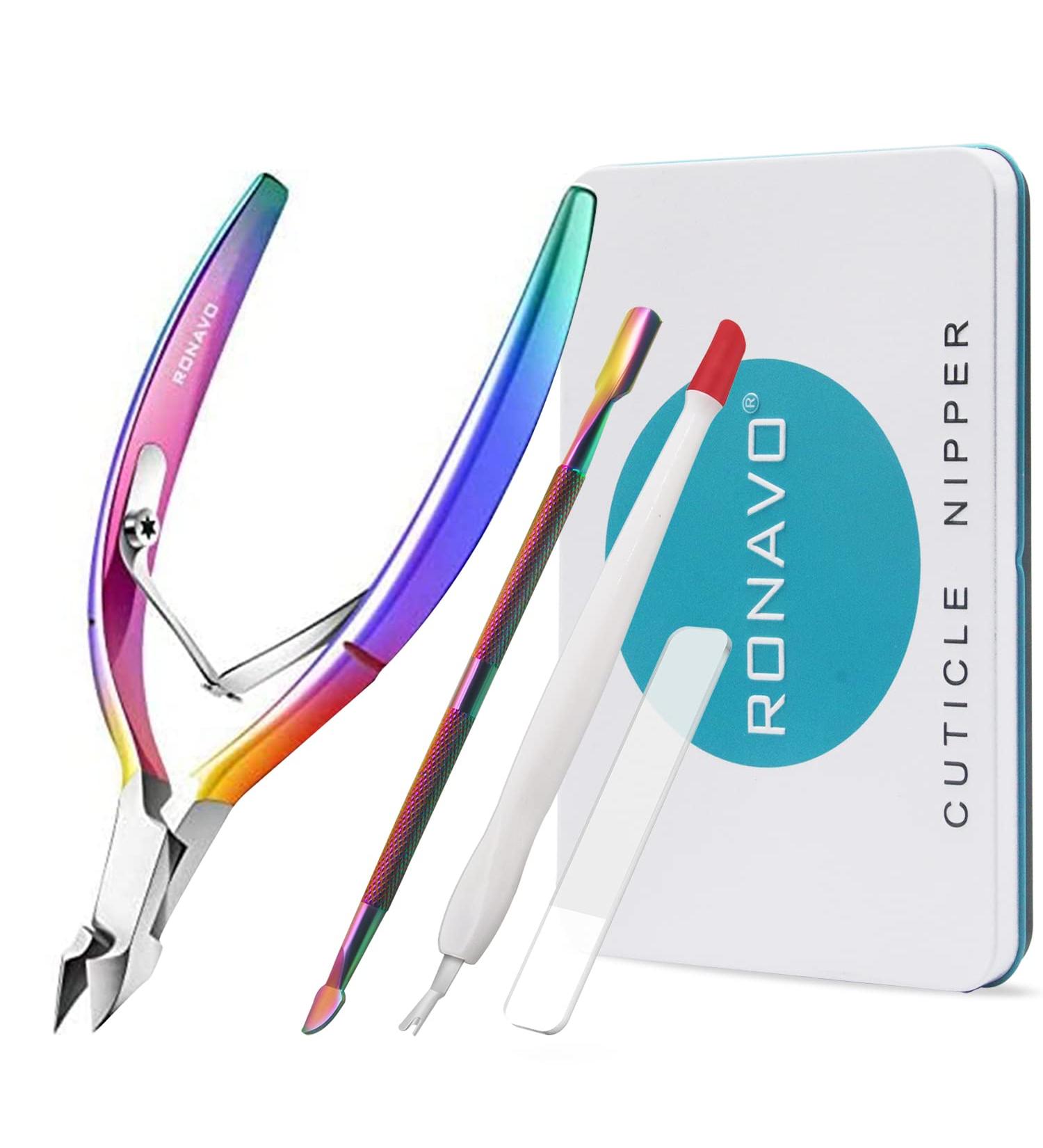Professional Stainless Steel Cuticle Cutter with Pusher - RONAVO Cuticle Trimmer Set for Fingernails and Toenails - Buy Online on GoSupps.com