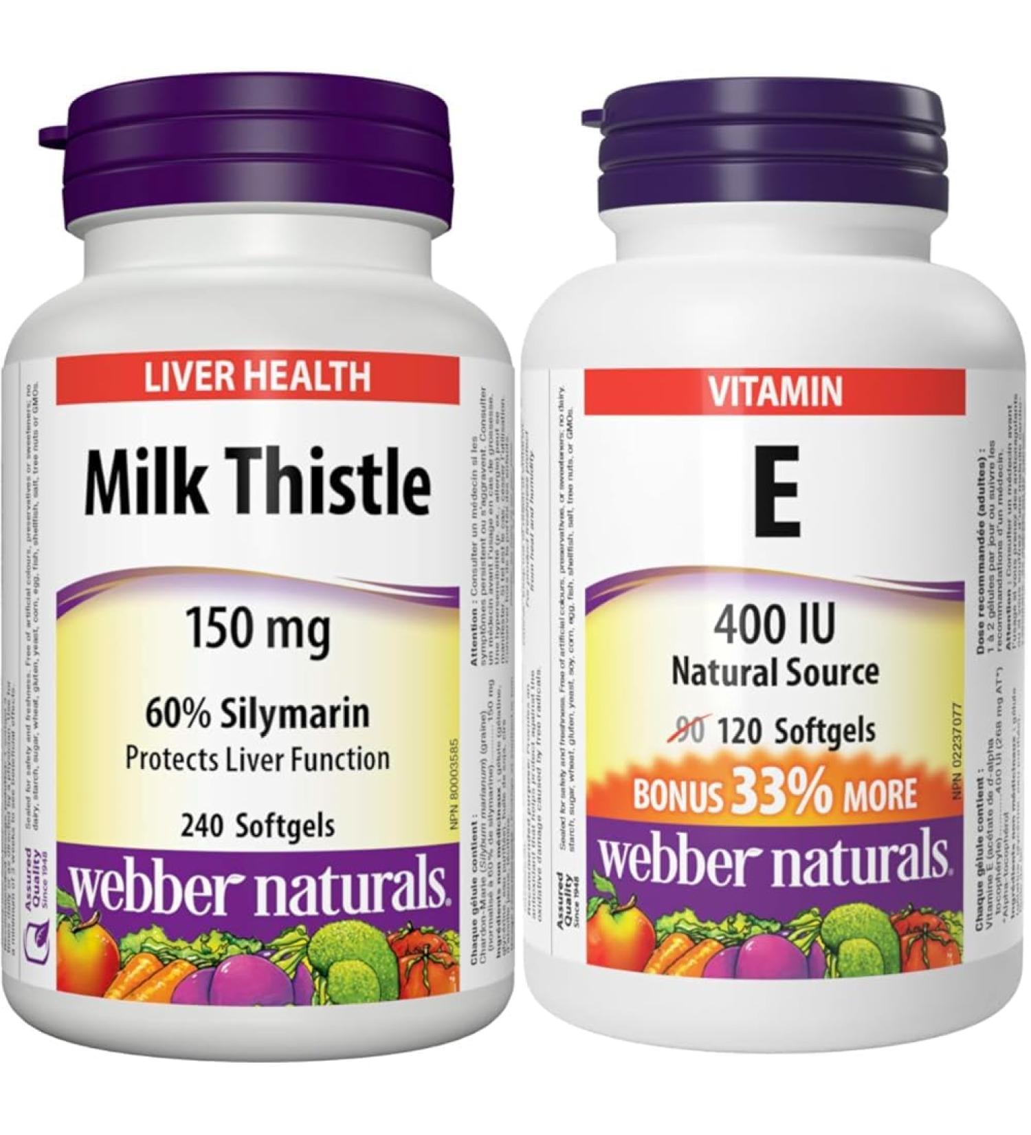 Webber Naturals Milk Thistle Extract 150 Mg 240 count & Vitamin E 400 IU 120 Softgels Natural Source of Vitamin E Antioxidant Support SUPPLEMENT + VITAMIN ECS165693 - Buy Online on GoSupps.com