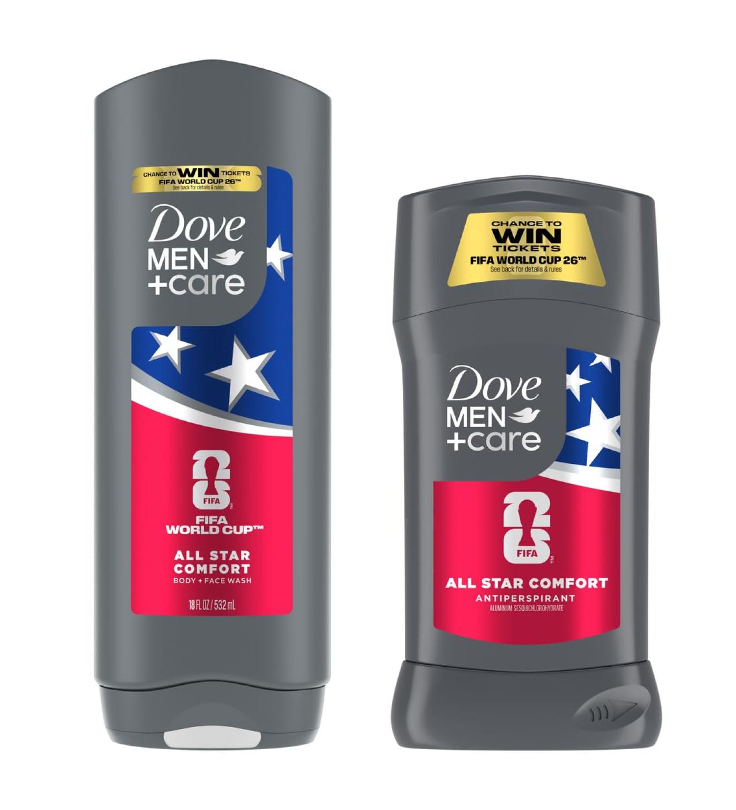 DOVE MEN + CARE - Limited Edition FIFA Regimen Body Wash & Deodorant Pack All Star Comfort 2 Count For Men Neutralizes Odor & Hydrates and Cleanses Skin 18 Fl Oz - Buy Online on GoSupps.com