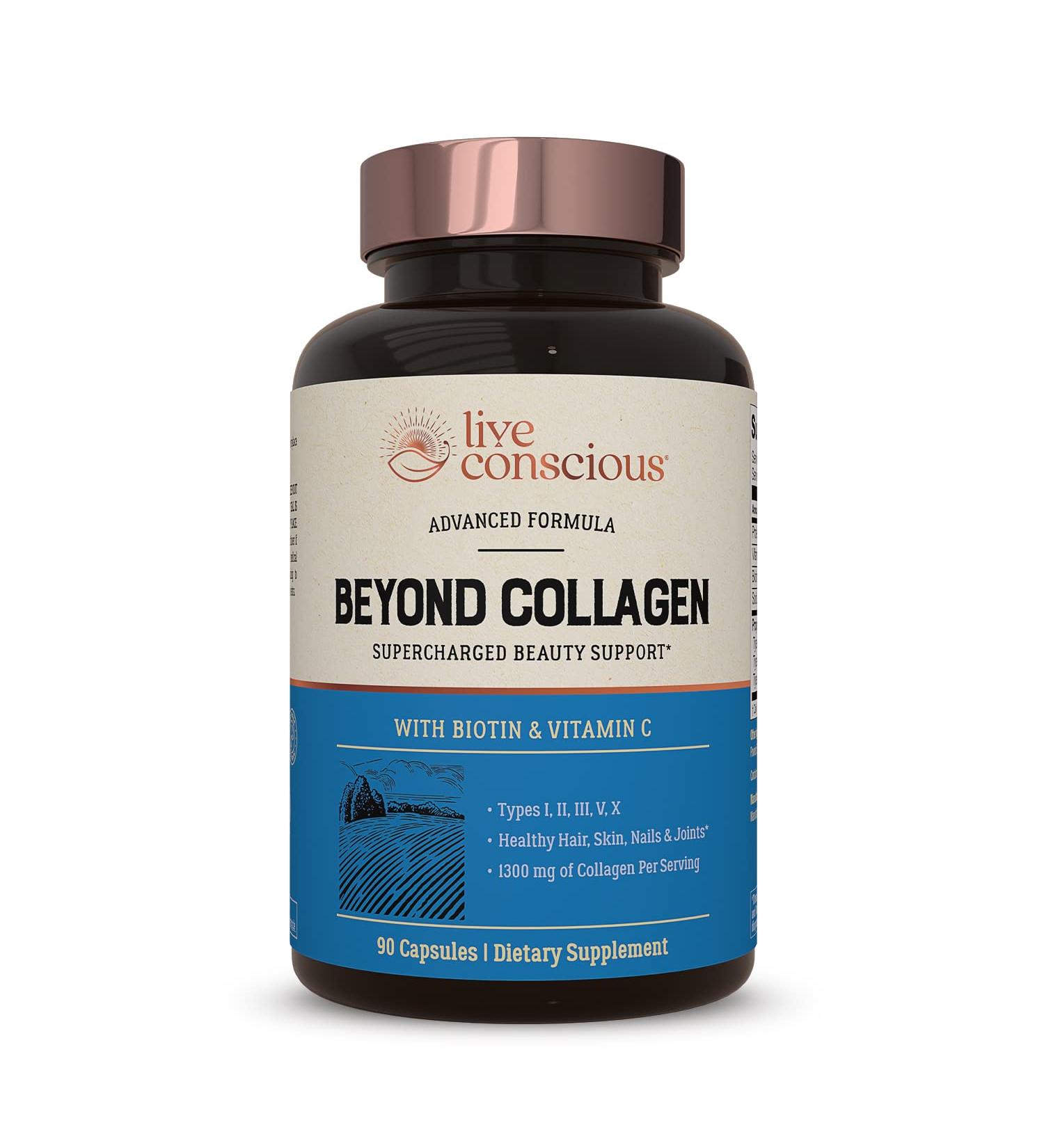Beyond Collagen Multi Collagen Capsules with Biotin & Vitamin C - 90 Capsules | Types I, II, III, V & X for Hair, Skin & Nails | Live Conscious - Buy Online on GoSupps.com