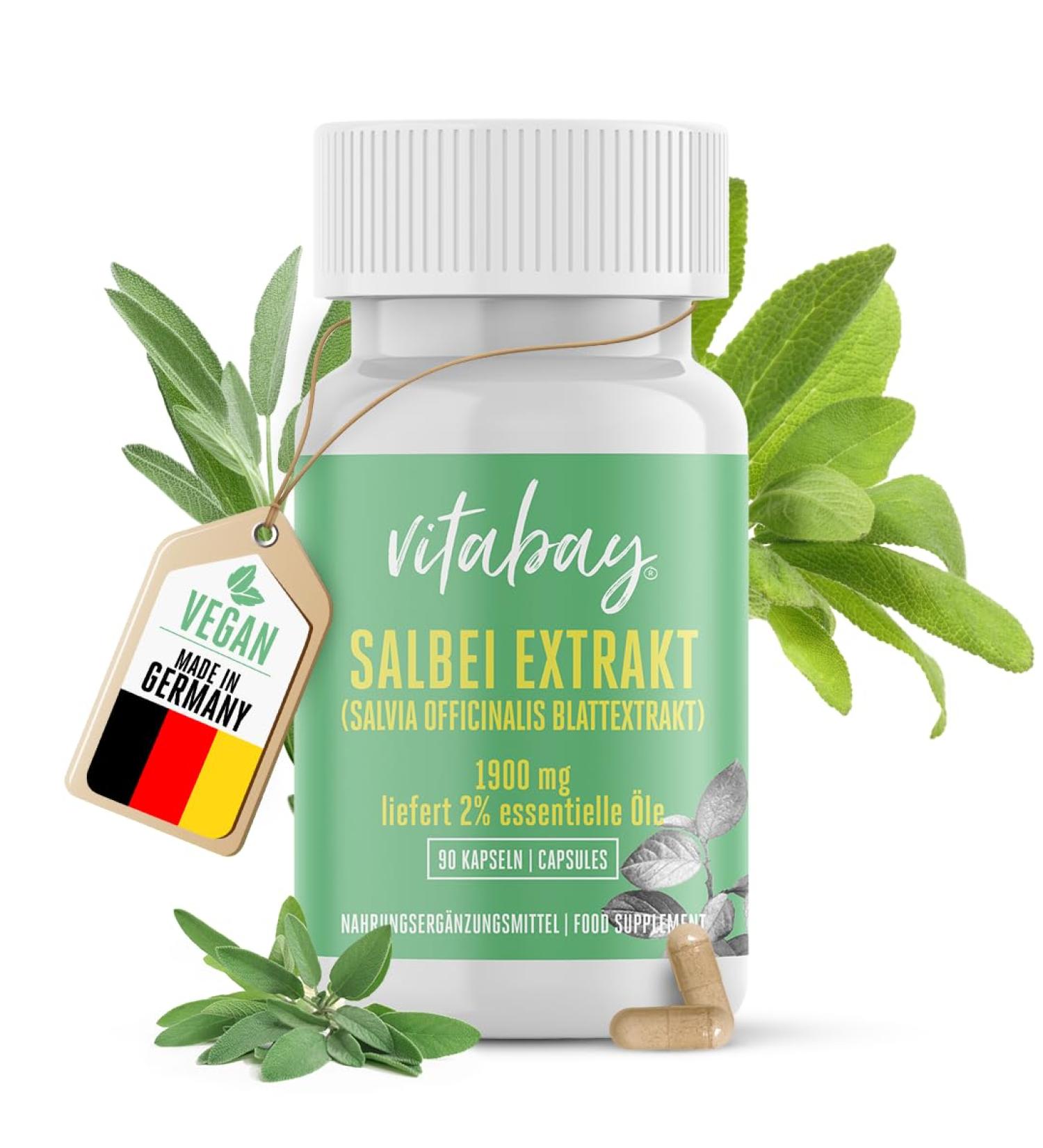 Vitabay Sage 1900 mg - 90 Vegan Sage Capsules | High Dose Salvia Officinalis Leaf Extract with 2% Essential Oils - Optimize Your Health - Buy Online on GoSupps.com