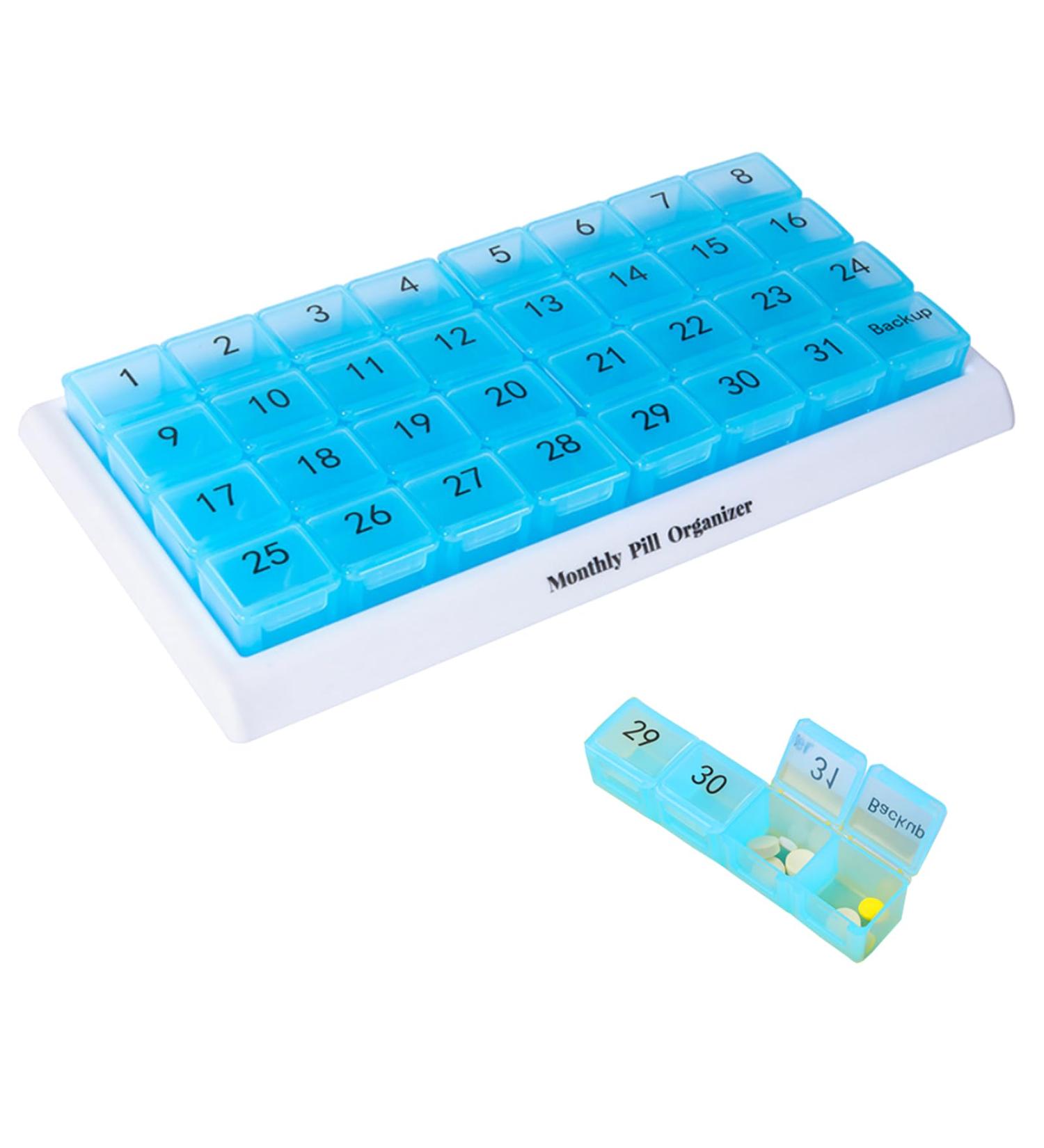 31-Day Pill Organizer - Large 4-Day Pill Box with Travel Case for Vitamins & Supplements | Blue - Buy Online on GoSupps.com