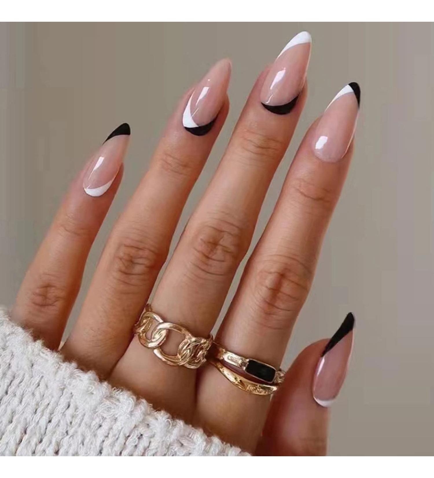 Justotry 24-Piece Press-On Almond Nails - Black & White French Acrylic Nails for Women | Short Artificial Nail Art - Buy Online on GoSupps.com