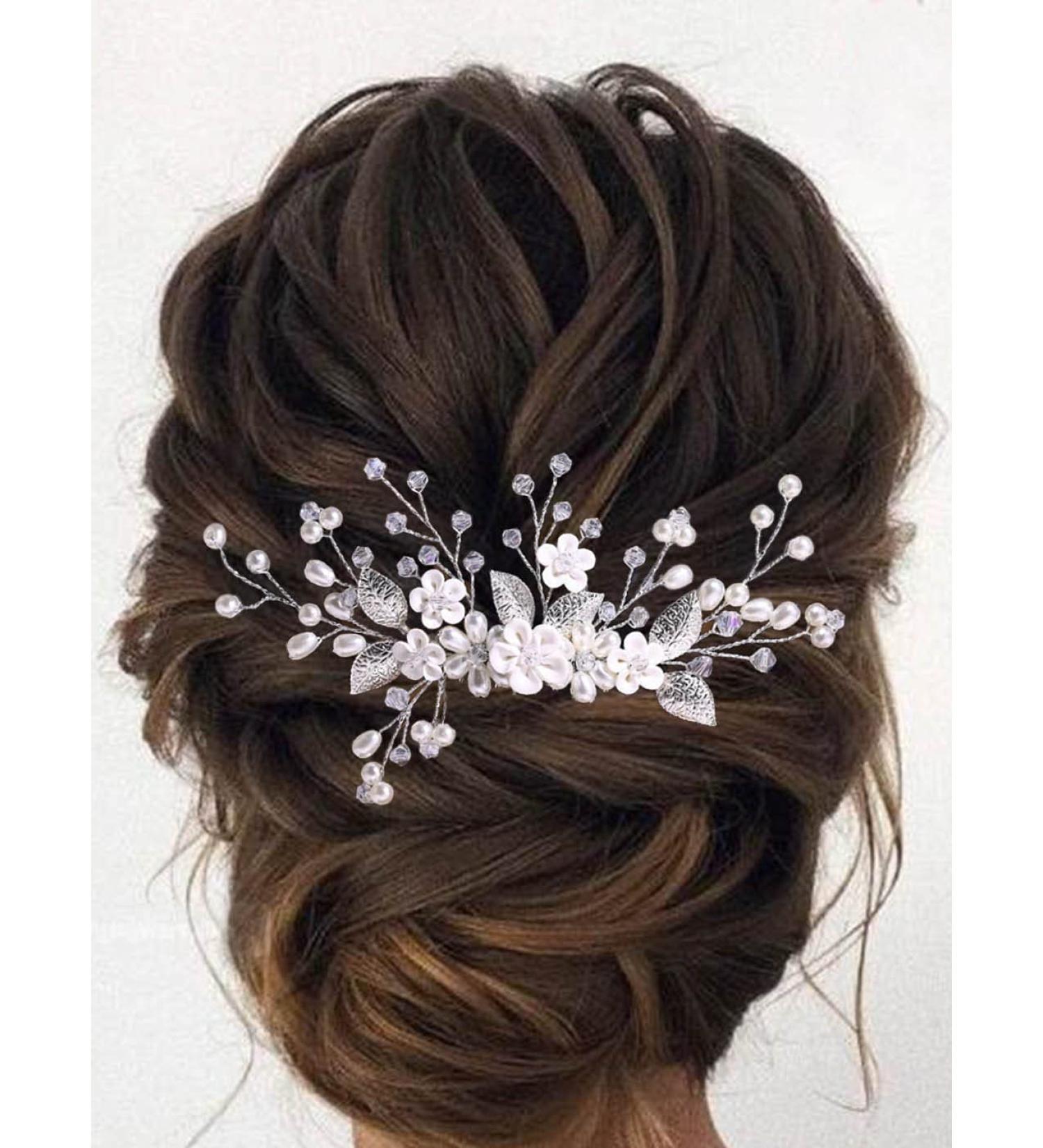 Aukmla Silver Pearl Flower Bride Wedding Hair Comb - Bridal Leaf Headpiece for Women & Girls - Buy Online on GoSupps.com
