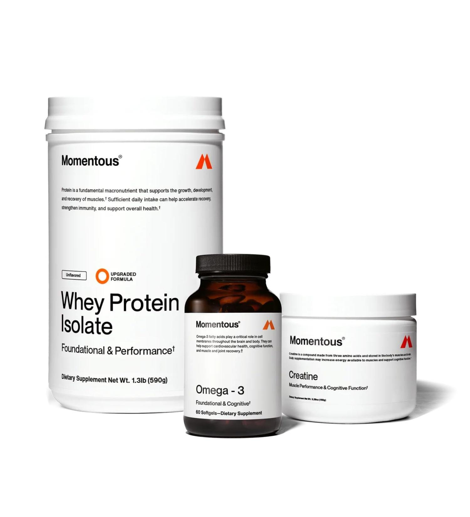 Momentous Three - Creatine Monohydrate Powder (90 Servings) Grass-Fed Whey Protein Powder (Unflavored) & Omega-3 Fish Oil 1600mg - Daily Essentials for Strength Performance & Lean Muscle Recovery - Buy Online on GoSupps.com