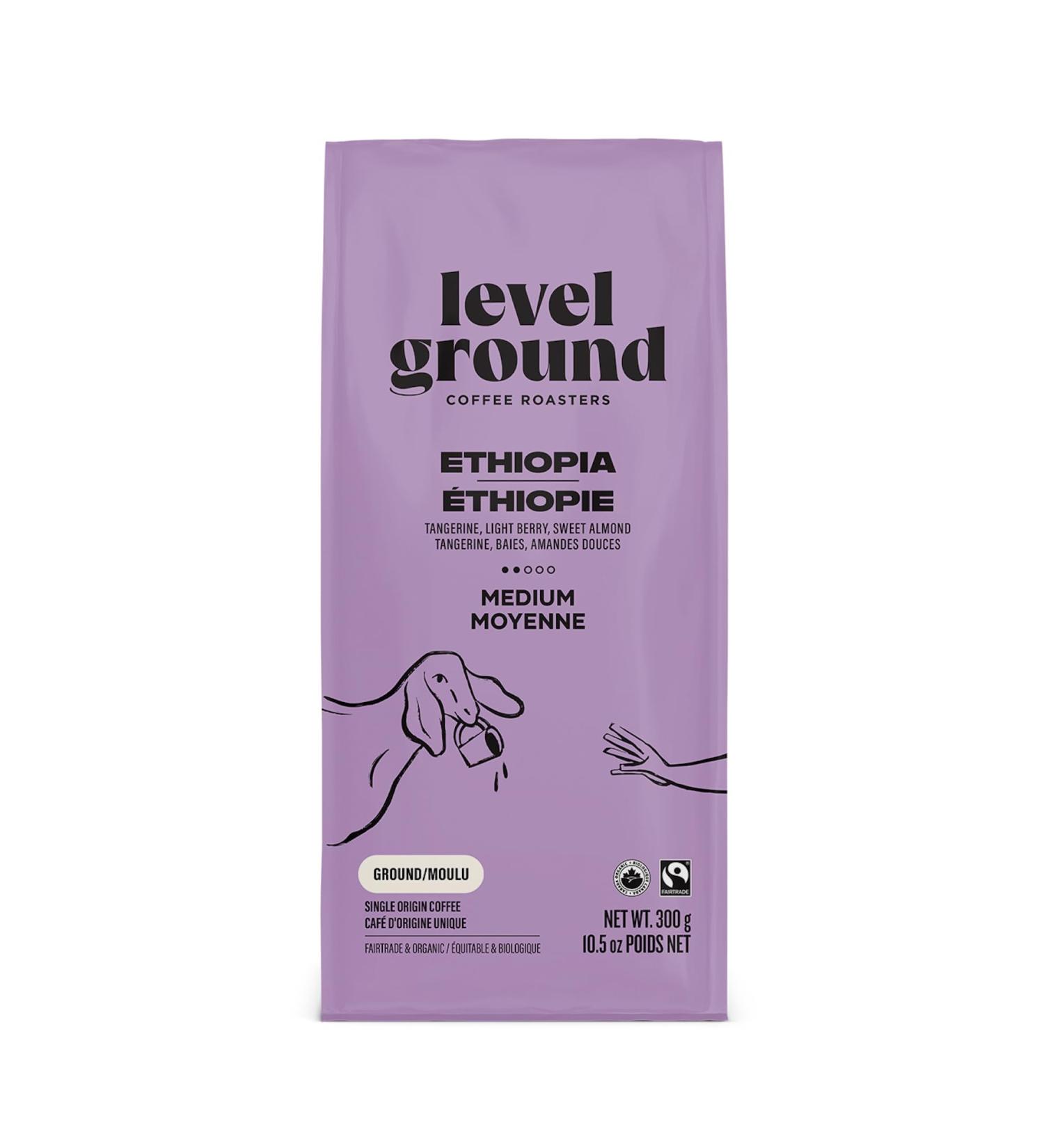 Level Ground Coffee - Ethiopia Single Origin Medium Roast Ground - Fair Trade 1% For the Planet Kosher - Specialty Coffee - Great in a Drip Brew and a Pour Over - Tastes Sweet Juicy and Lovely - 300g / 10.5oz Ground 300 g (Pack of 1)