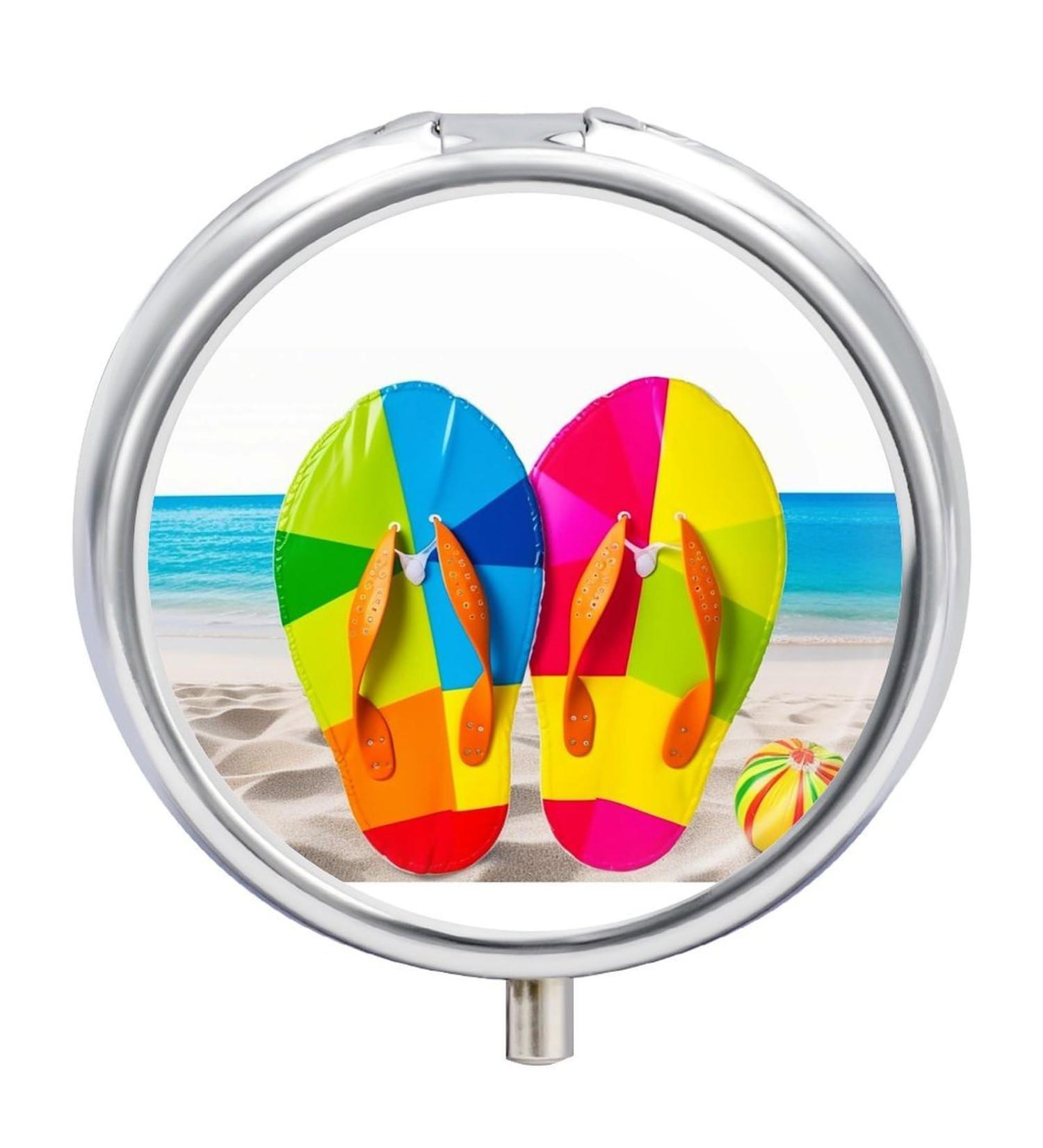 Colorful 3 Compartment Travel Pill Box - Portable Medicine Organizer for Handbag & Pocket - Beach Ball & Flip Flops Design - Buy Online on GoSupps.com