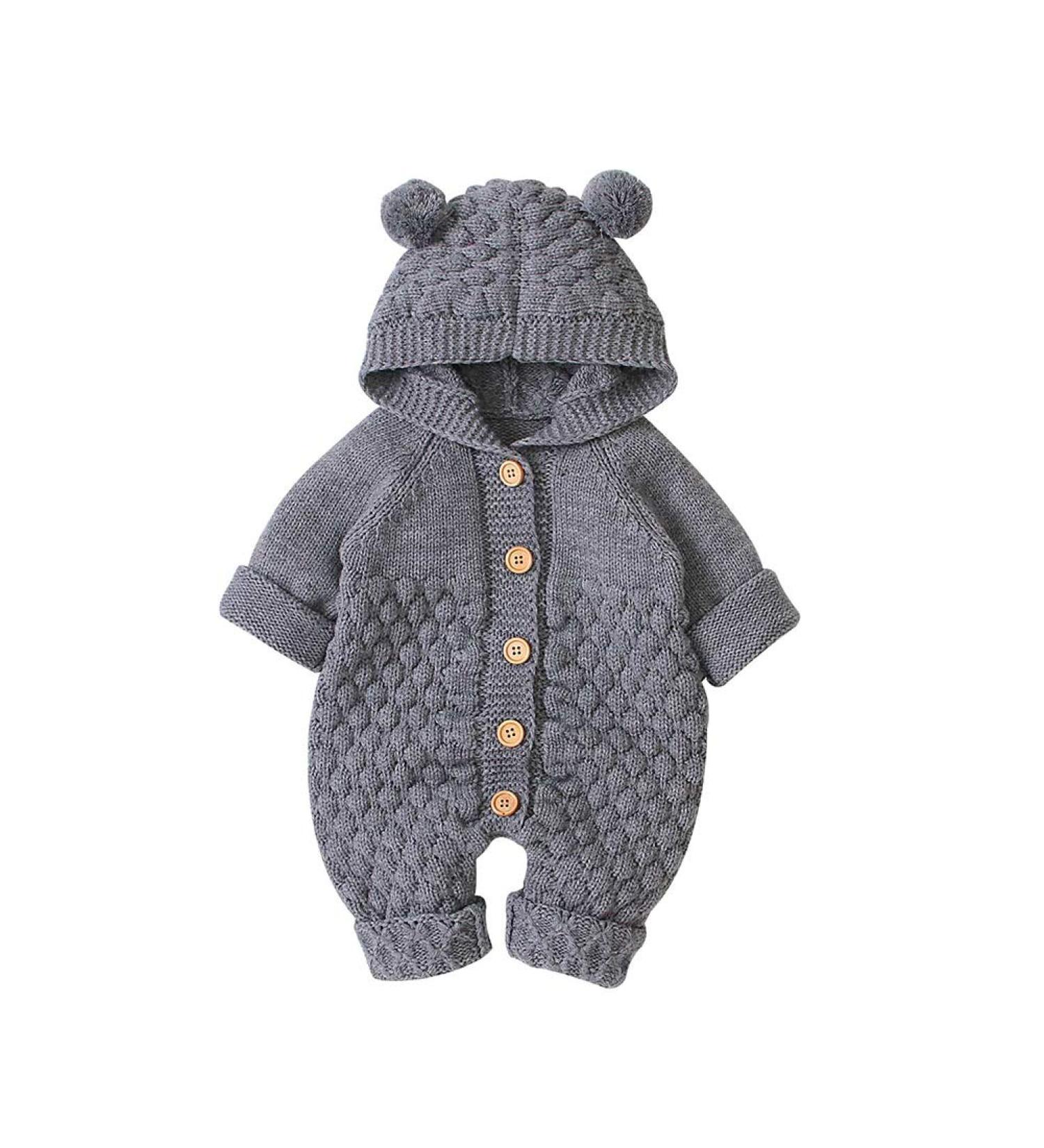 VICROAD Baby Hooded Knitted Romper | Newborn Boys Girls Sweater Jumpsuit 6-12 Months Grey - Buy Online on GoSupps.com