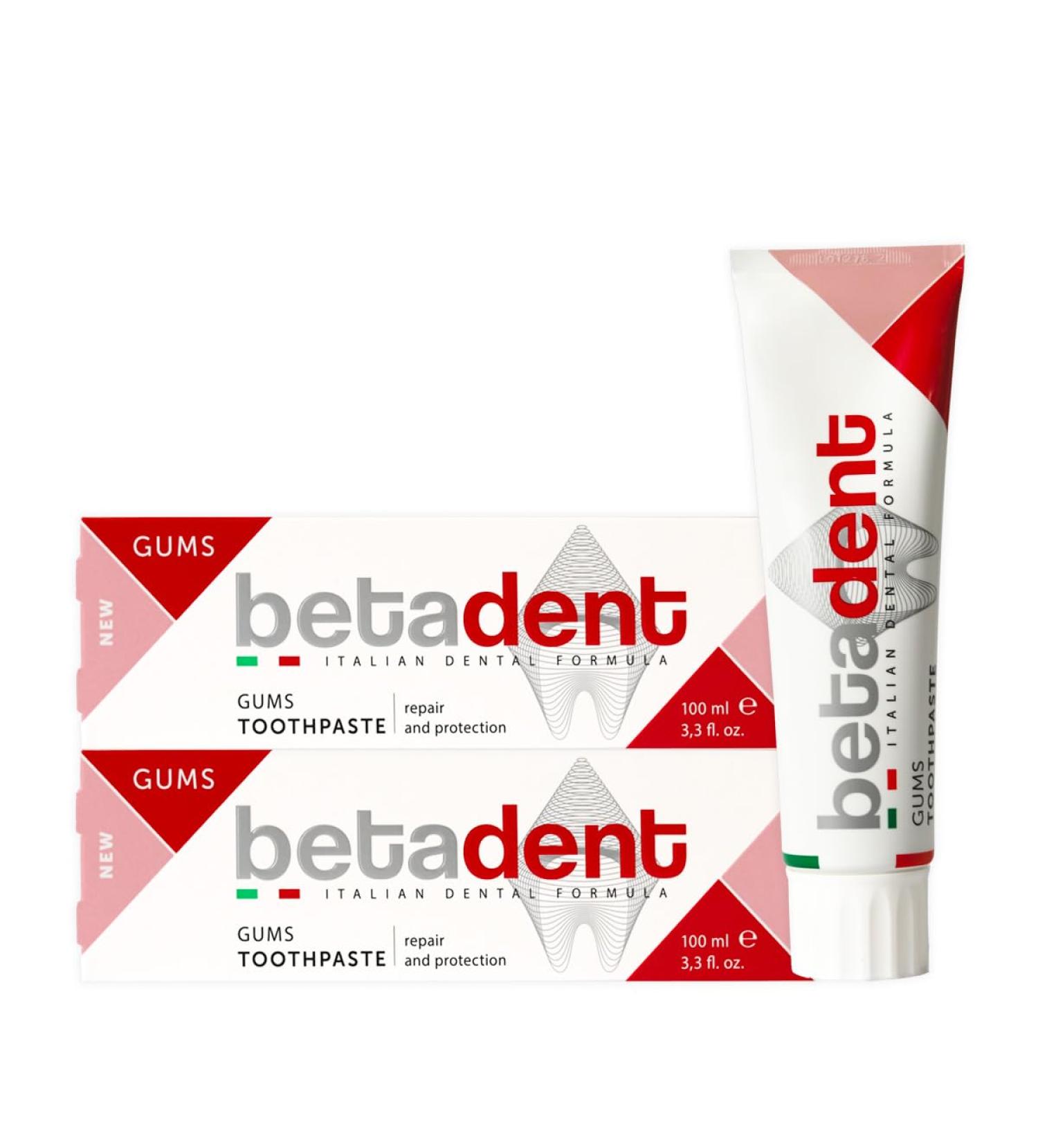  BETADENT Betadent GUMS TOOTHPASTE KIT for sensitive inflamed and irritated gums - Repairs and protects - Anti-plaque and antibacterial action - Delicate non-abrasive formula - 2 x 100 ml - Buy Online on GoSupps.com