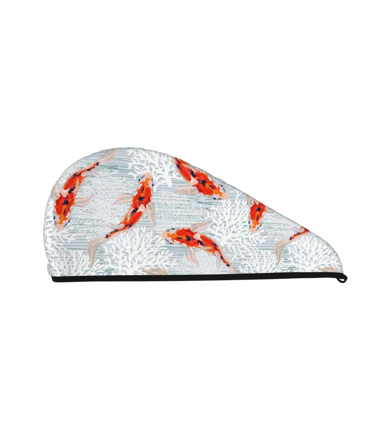 Hair Towel Wrap | Quick Drying Hair Turban with Button - Koi Fish Corals Design for Spring & Summer - Buy Online on GoSupps.com