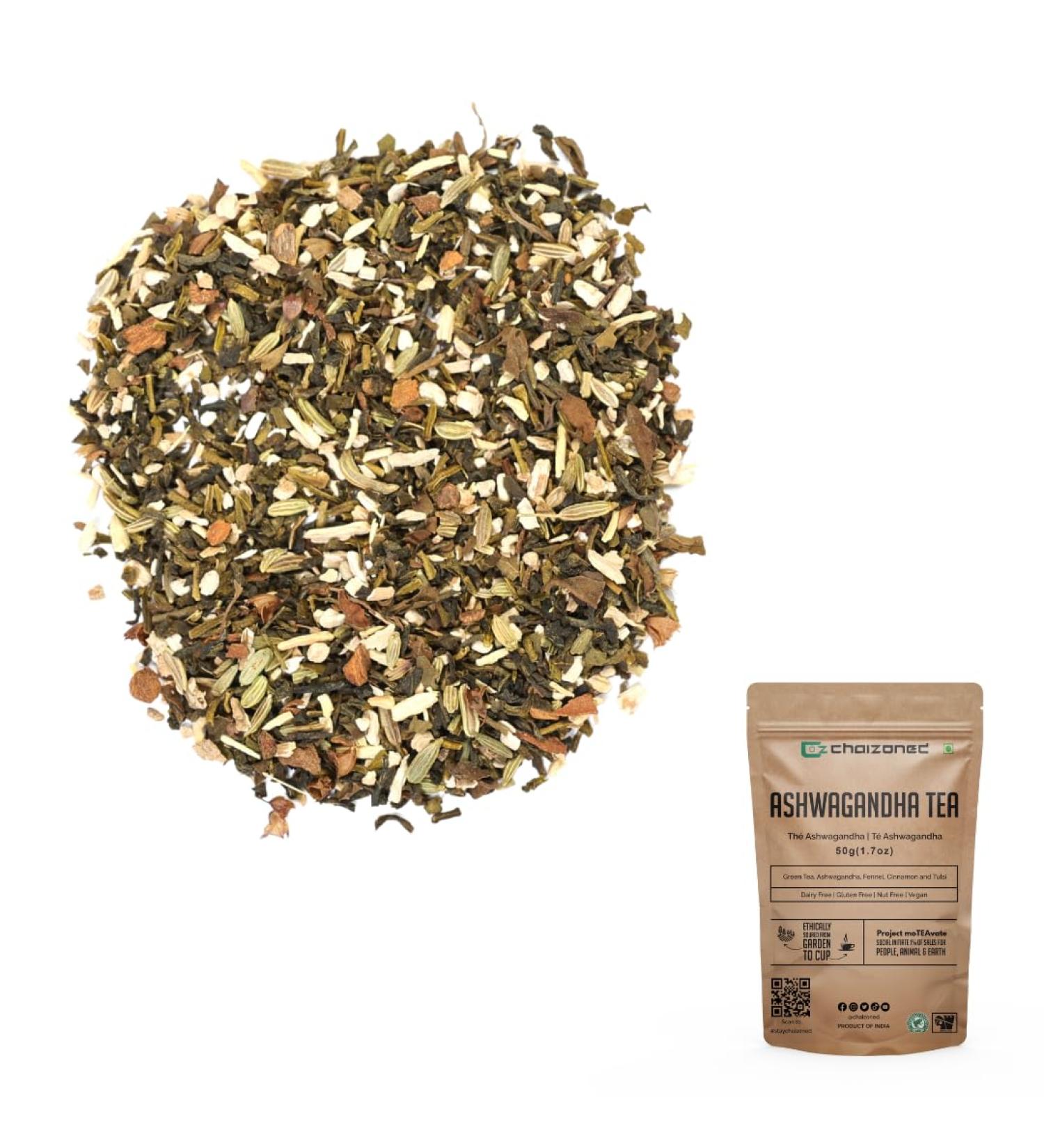 CHAIZONED Ashwagandha Tea Blend - Green Tea Fennel Tulsi & Cinnamon - For Cognitive Focus Immune Support Heart & Stress Support - Energizing Refreshing & Relaxing - Cultivated in India - Brews upto 25 Cups - 50g (1.7 oz) - Buy Online on GoSupps.com