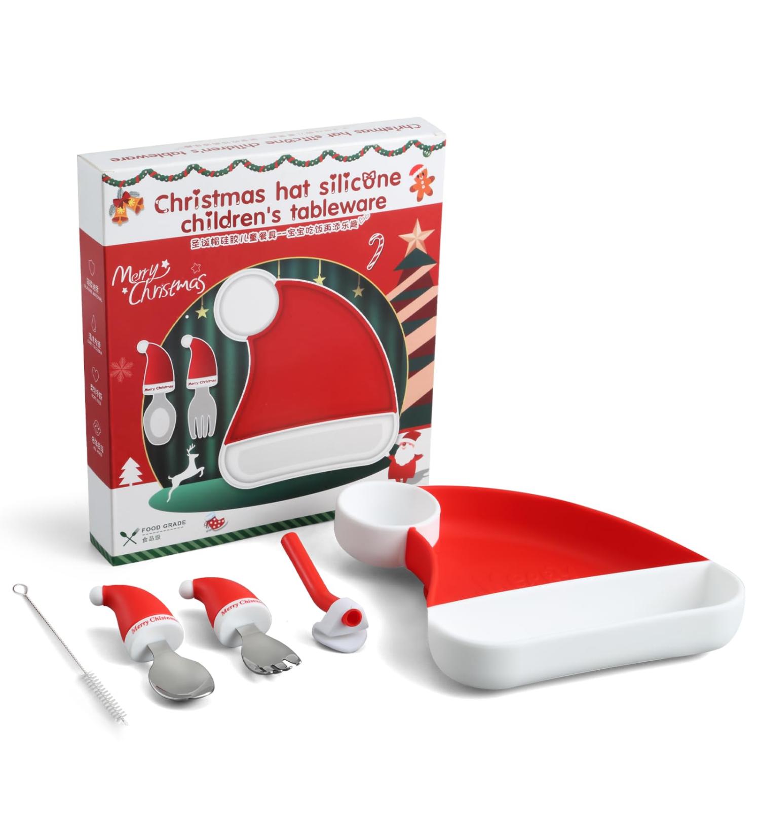 BEWOS Christmas Style Baby Weaning Set - 5PCS Baby Cutlery & Feeding Set with Suction Plate, Stainless Steel Fork & Spoon - Perfect Gift for Babies - Buy Online on GoSupps.com