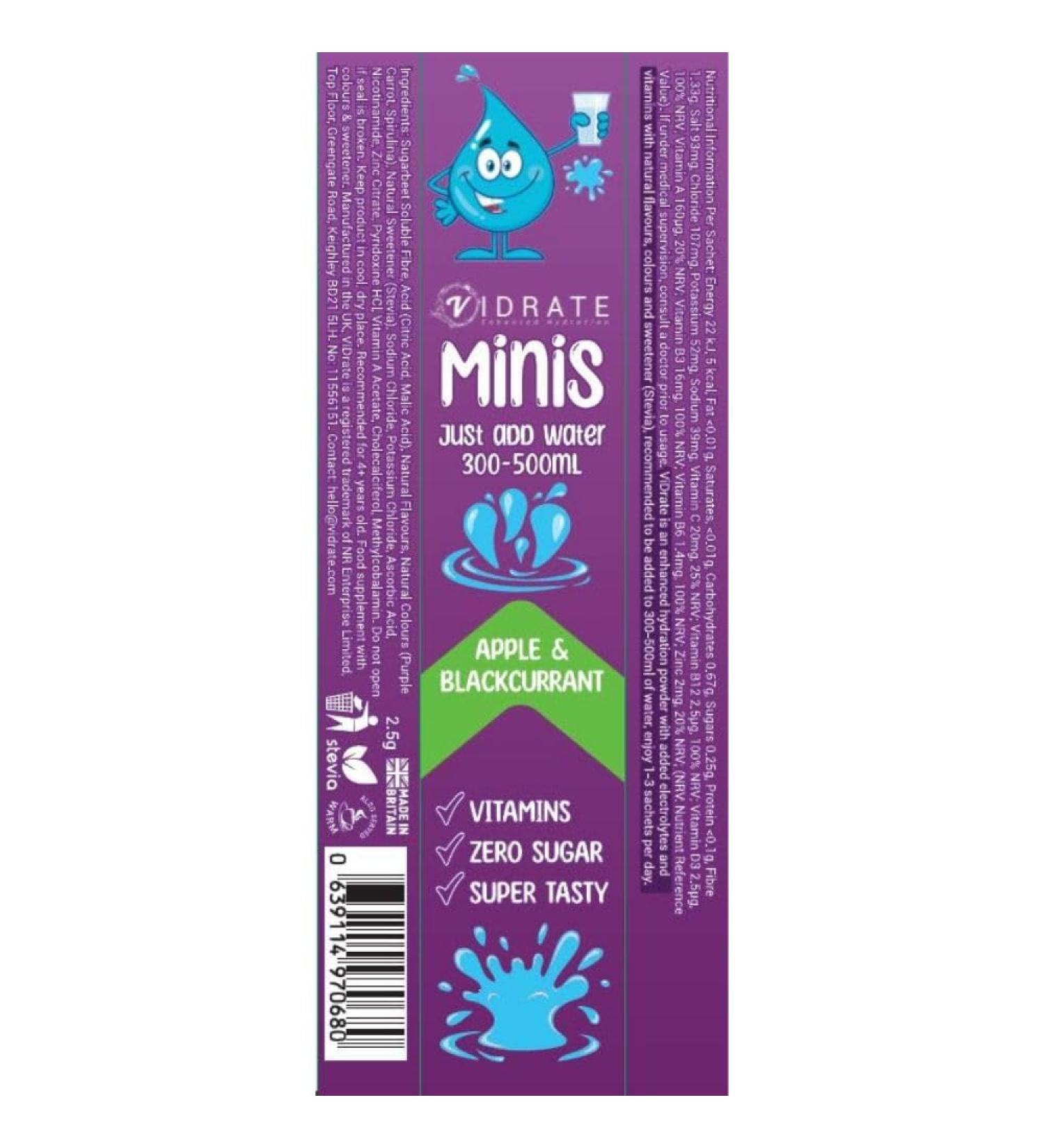 ViDrate Minis Apple & Blackcurrant Flavour Sugar Free Electrolyte Powder - 20 Vegan Friendly Hydration Sachets - Buy Online on GoSupps.com