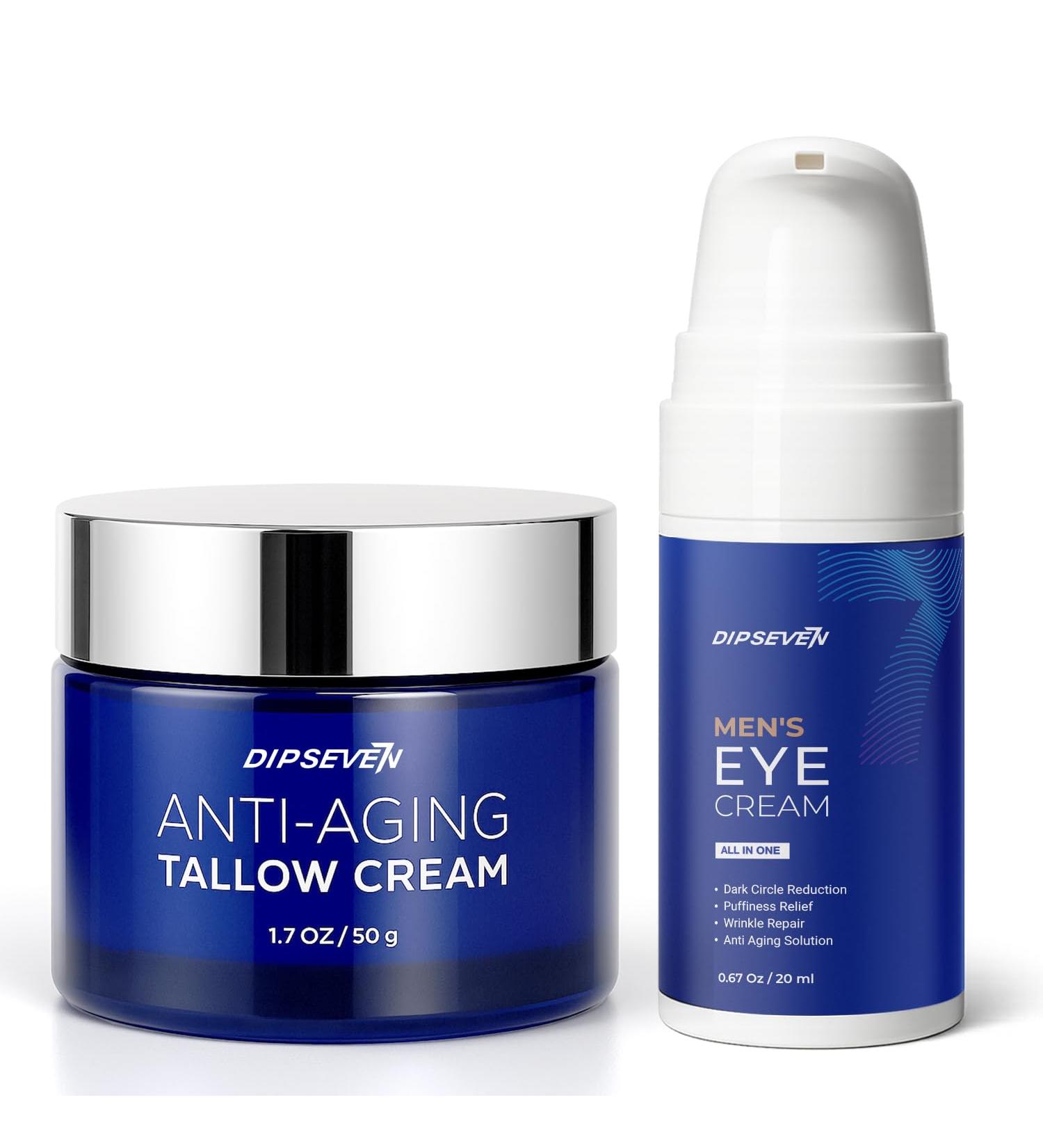 DIPSEVEN Men's Eye & Face Care Bundle Anti-Aging Eye Cream + Wrinkle Defense Beef Tallow Reduce Puffiness Dark Circles Wrinkles Dry Skin Peptides Hyaluronic Acid Niacinamide Caffeine - Buy Online on GoSupps.com