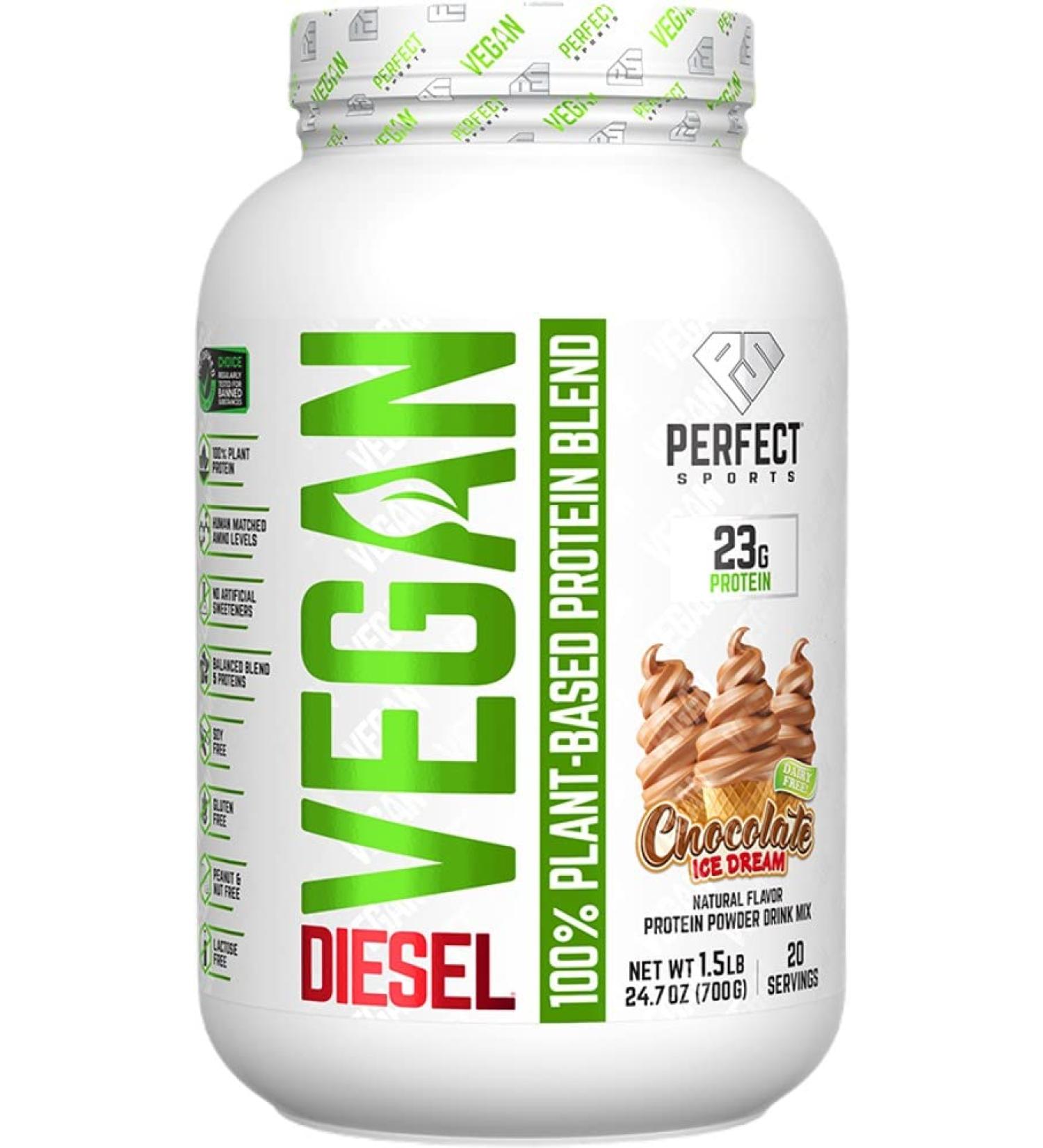 PERFECT SPORTS Diesel Vegan 100% Plant-Based Protein - 1.5lbs Chocolate Ice Dream