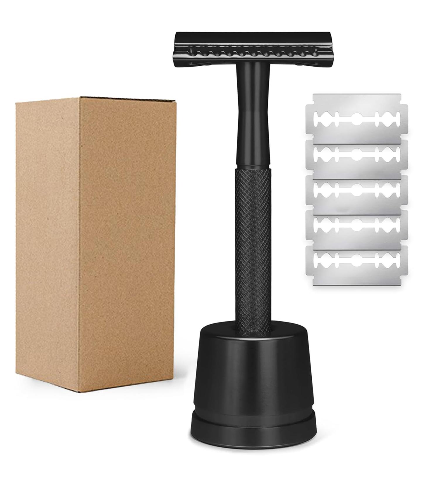 Vtrem Men's Double Edge Safety Razor | Black Reusable Shaving Razor for Men & Women + 5 Blades - Eco-Friendly Grooming - Buy Online on GoSupps.com