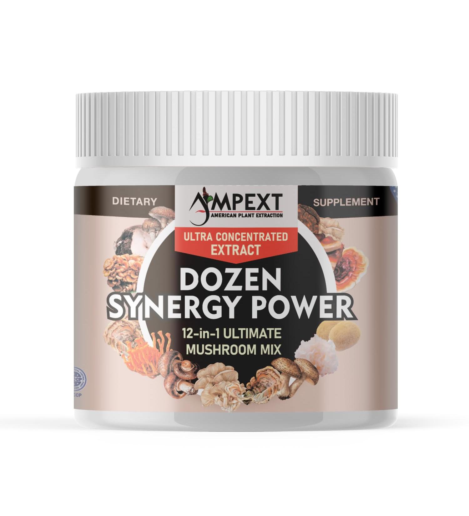 AMPEXT 12-in-1 Dozen Synergy Power: Premium Complex of 12 Carefully Selected Fruiting Body Mushroom Extracts, Supporting Immunity, Cognitive & Cardiovascular Functions - Buy Online on GoSupps.com