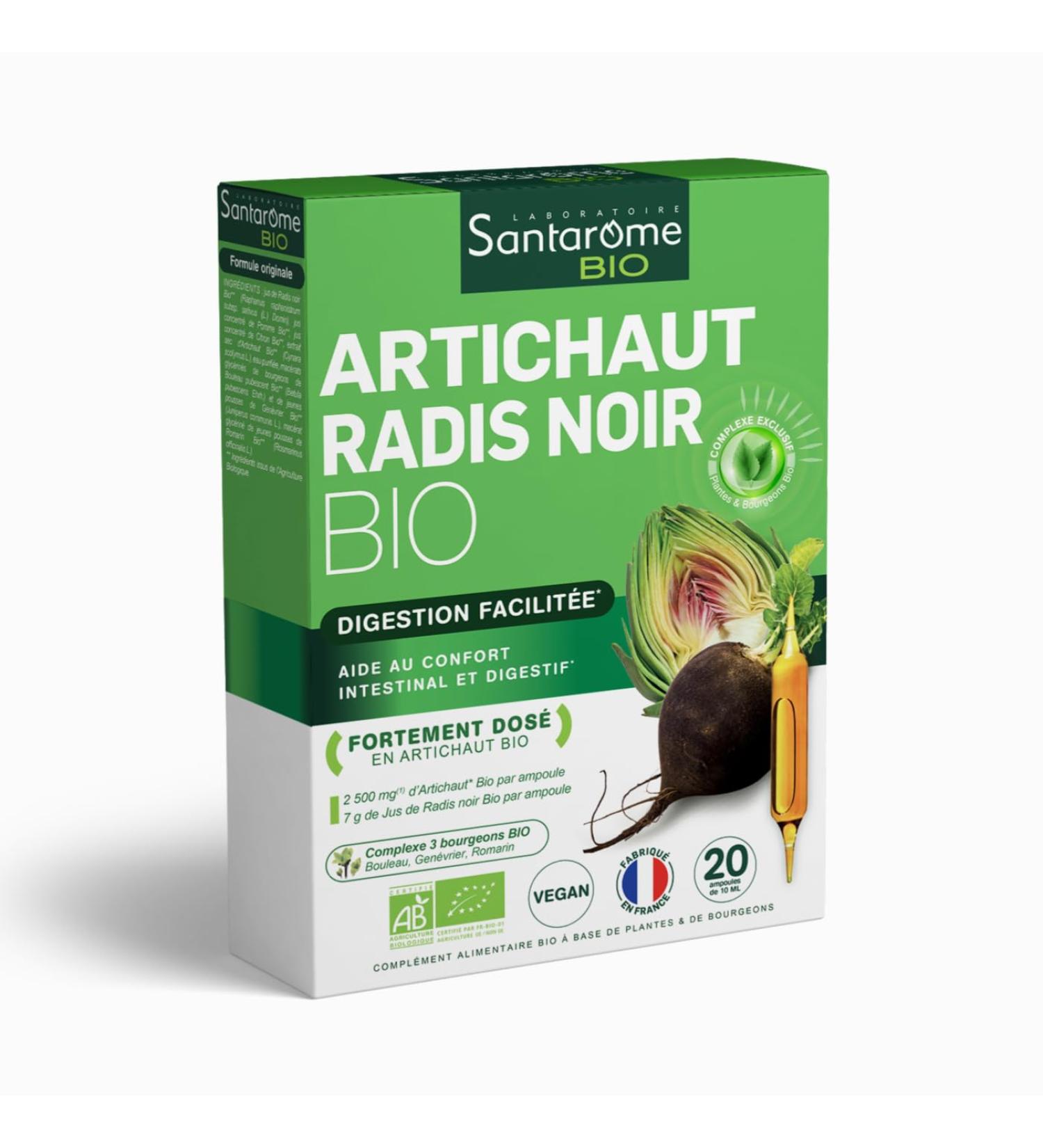 Santarome Bio - Organic Black Radish Artichoke - Food supplement liver and digestion - Easy digestion - Highly dosed - Trio of Buds - 20 ampoules - Vegan - Made In France - Buy Online on GoSupps.com