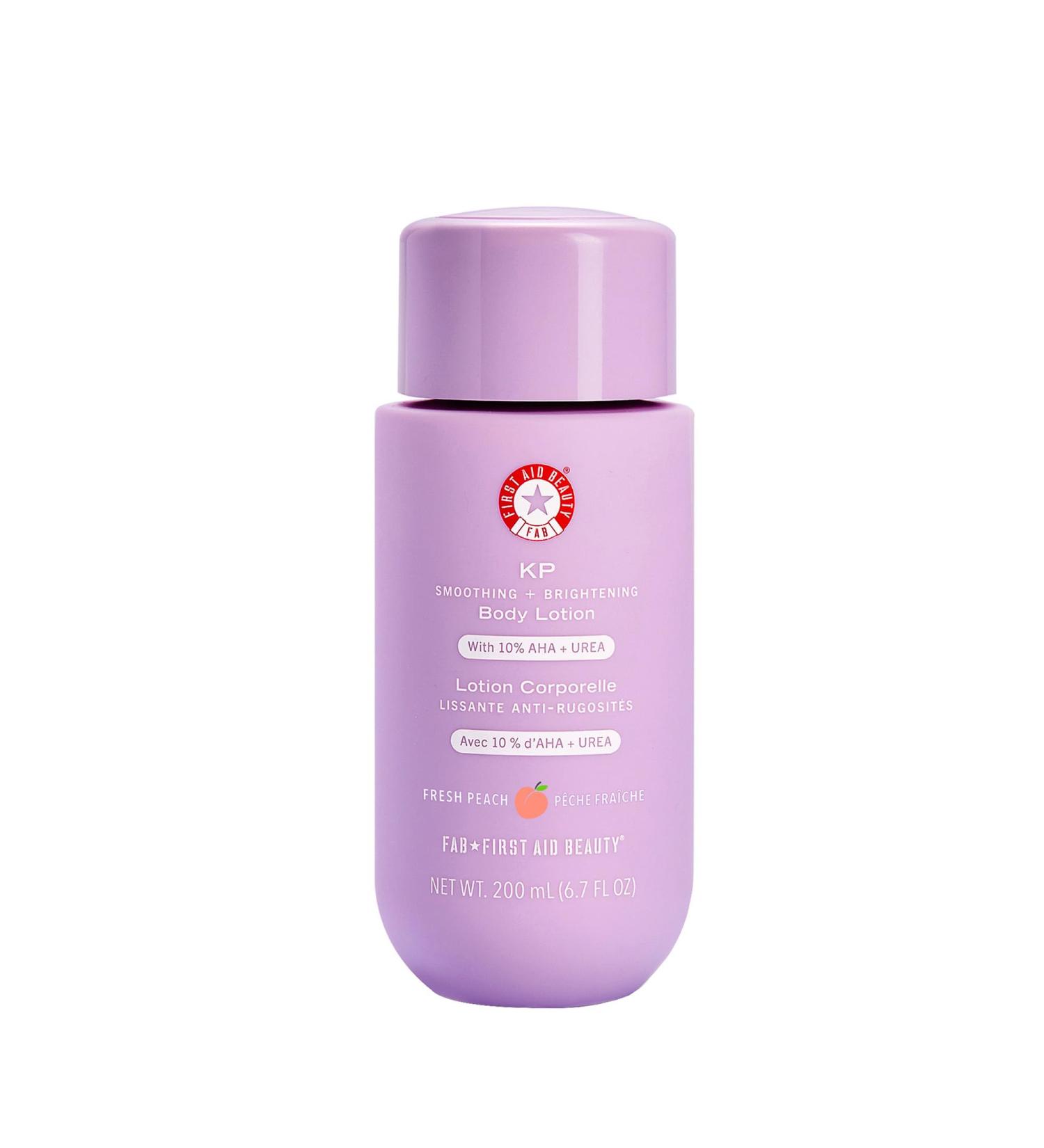 First Aid Beauty - KP Smoothing + Brightening Body Lotion with 10% AHA, Lactic Acid, Urea + Colloidal Oatmeal, Exfoliate & Moisturize, Banish Keratosis Pilaris Bumps, NEW Peach Scent (6. 7 fl oz) Fresh Peach 6.7 Fl Oz (Pack  - Buy Online on GoSupps.com