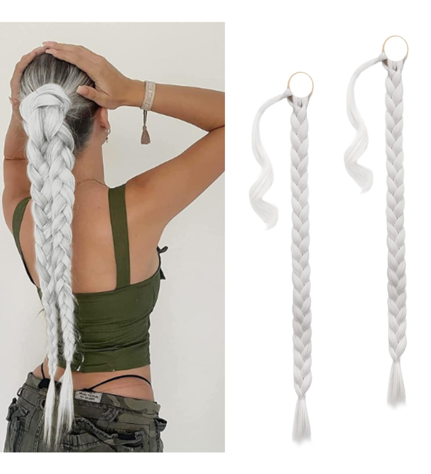 BARSDAR 66cm 2PCS Long Braided Ponytail Extensions - Soft Synthetic Hair in Ash Platinum Blonde | DIY Hair Extensions for Women - Buy Online on GoSupps.com