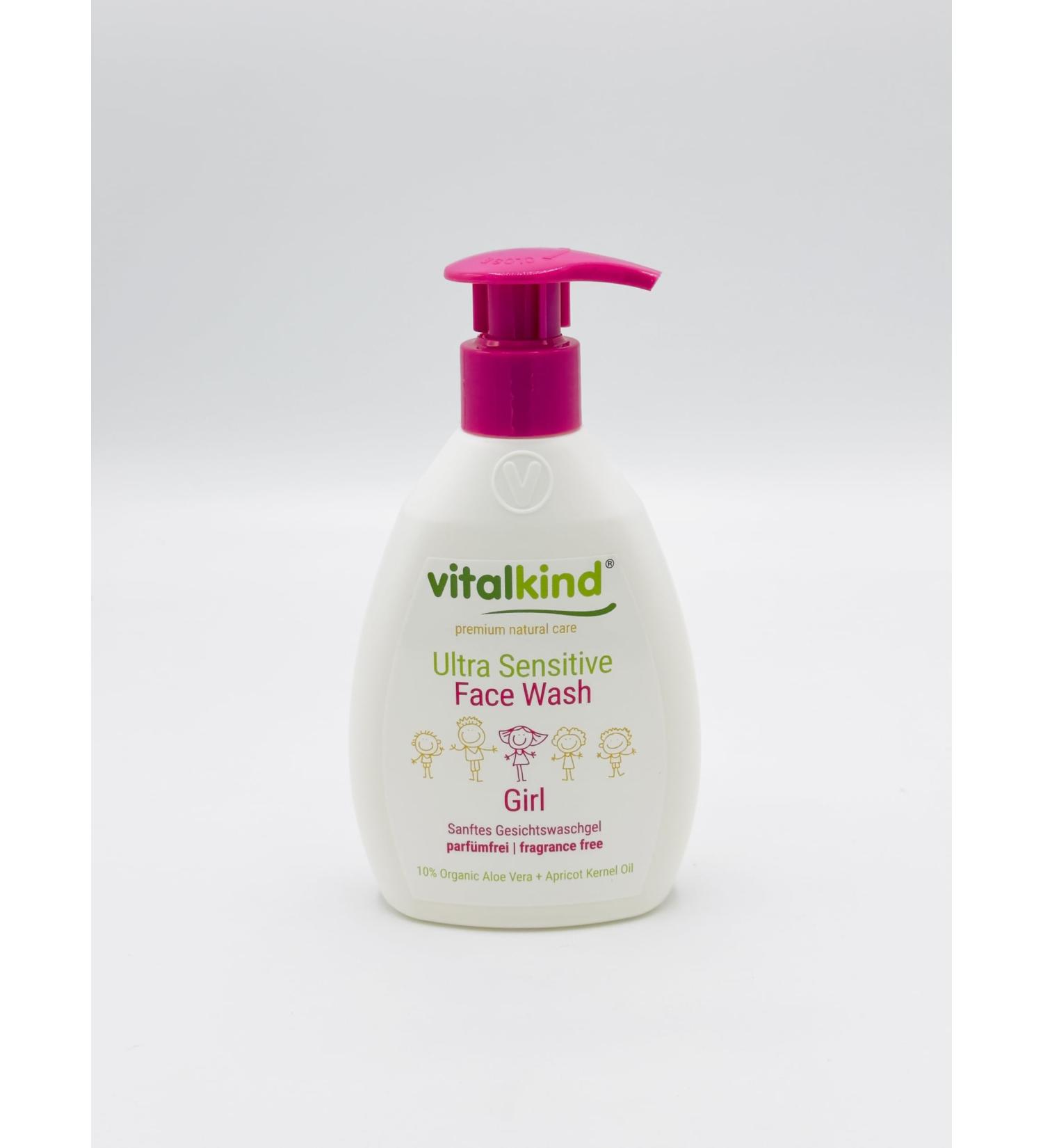 vitalkind Ultra Sensitive Face Wash Girl 200ml - Fragrance Free Face Wash for Sensitive Skin - With Organic Aloe Vera Oil & Apricot Kernel Oil - pH 5.5 - Gentle Daily Care for Girls
