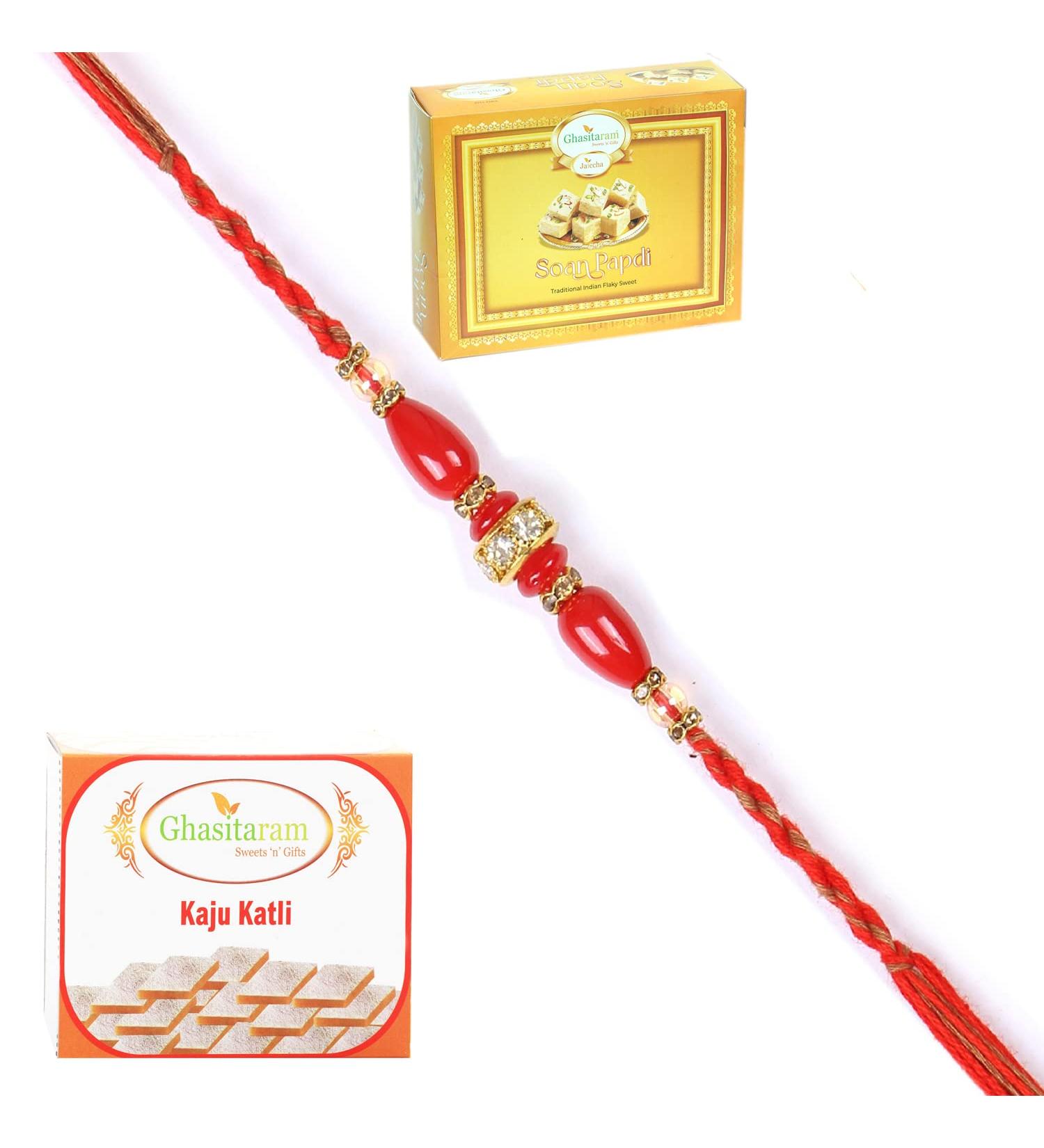 Ghasitaram Gifts Rakhi for Brother Rakhis Online - 2K-271 Fancy Thread Rakhi with 200 GMS of Kaju katli and 200 GMS of Soan Papdi Rakhi with 200 gms of Kaju katli and Soan Papdi - Buy Online on GoSupps.com