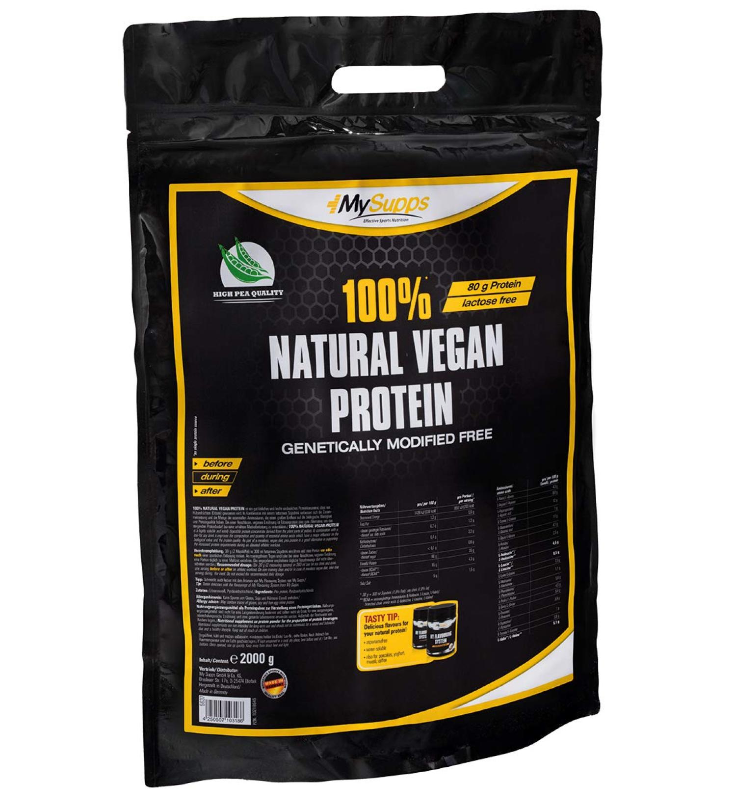MySupps 100% Natural Vegan Protein - High-Quality Pea Protein 80g Protein + 15g BCAA per 100g GMO-Free Complex Amino Acids for Athletes - 2kg Made in Germany - Buy Online on GoSupps.com