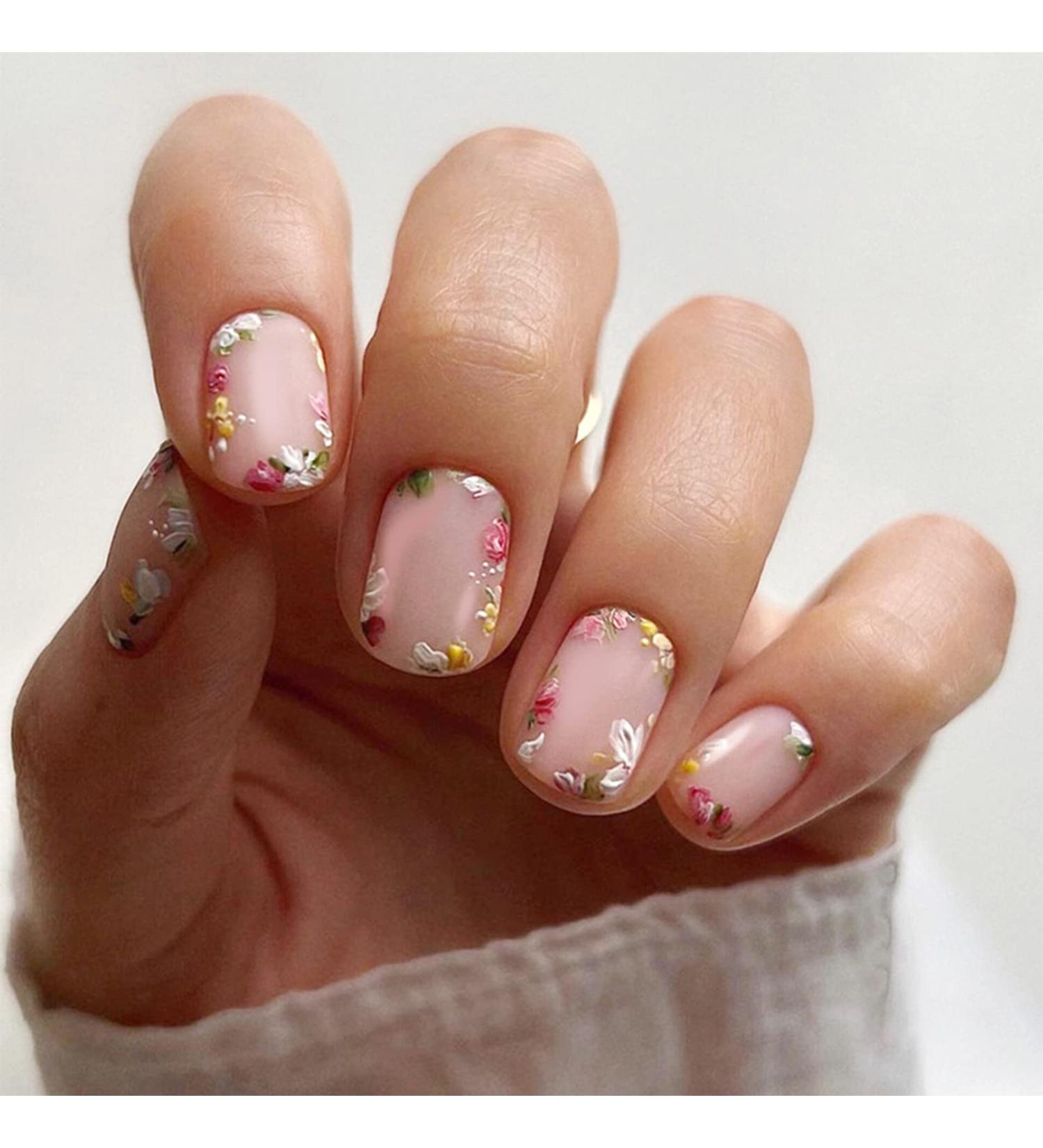 24pcs Short Oval Floral Stick on Nails Nude Pink Press on Nails - 0237Y34 - Buy Online on GoSupps.com